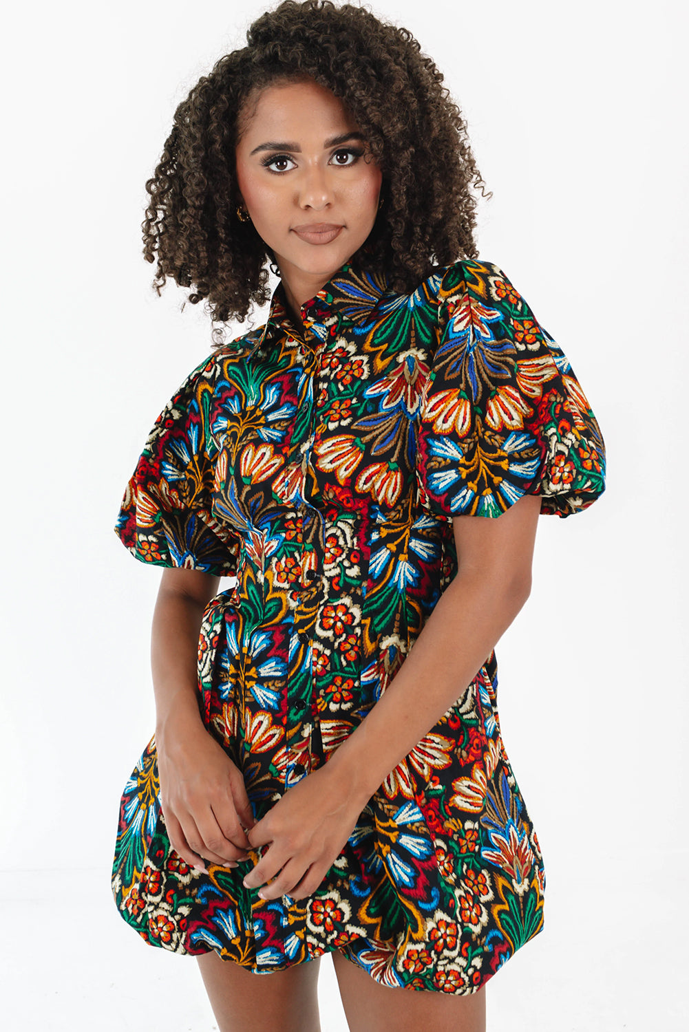 Multicolour Floral Puff Short Sleeve Shirt Mini Dress eAura