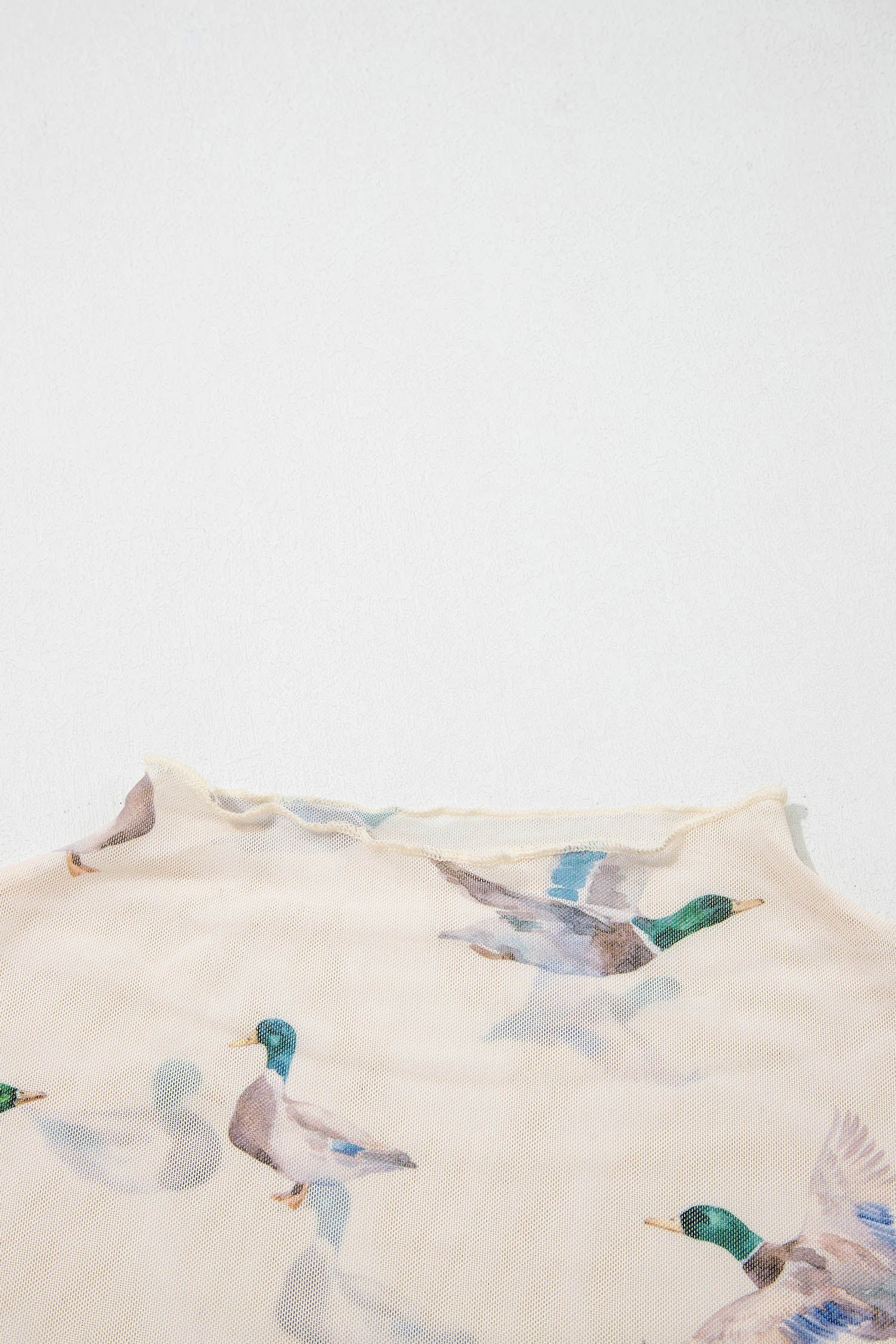 Beige Mallard Print Sheer Mesh Short Sleeve Top