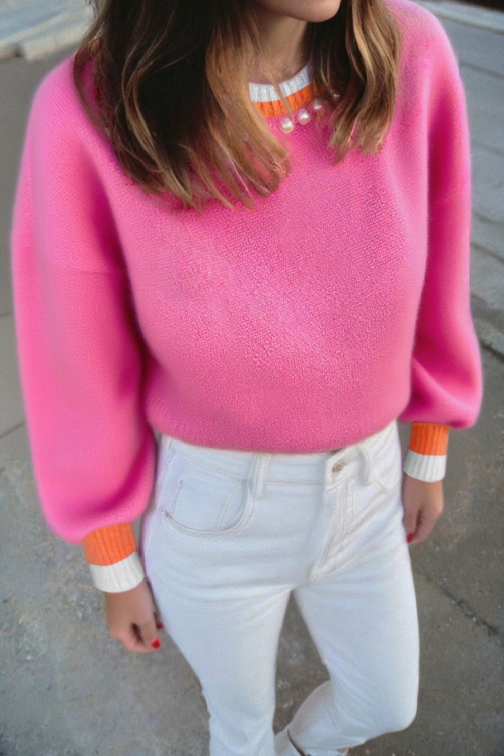 Contrast Crew Neck Pearled Decor Knit Sweater - eAura