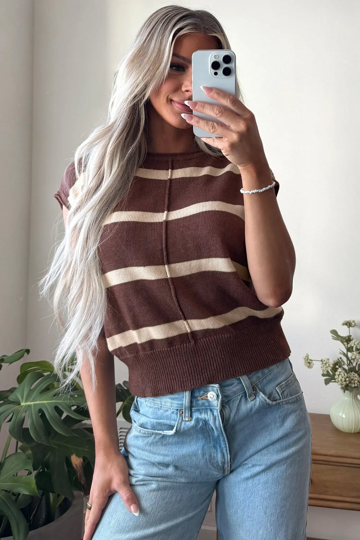 Knit Western Short Sleeve Sweater – Brown Stripe