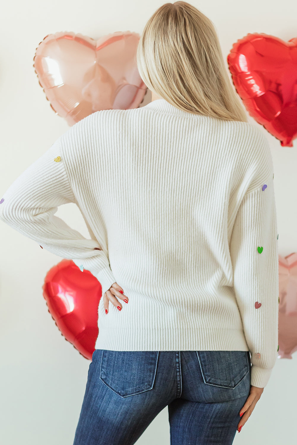 Beige Sequin Heart Shape Waffle Knit Round Neck Sweater eAura