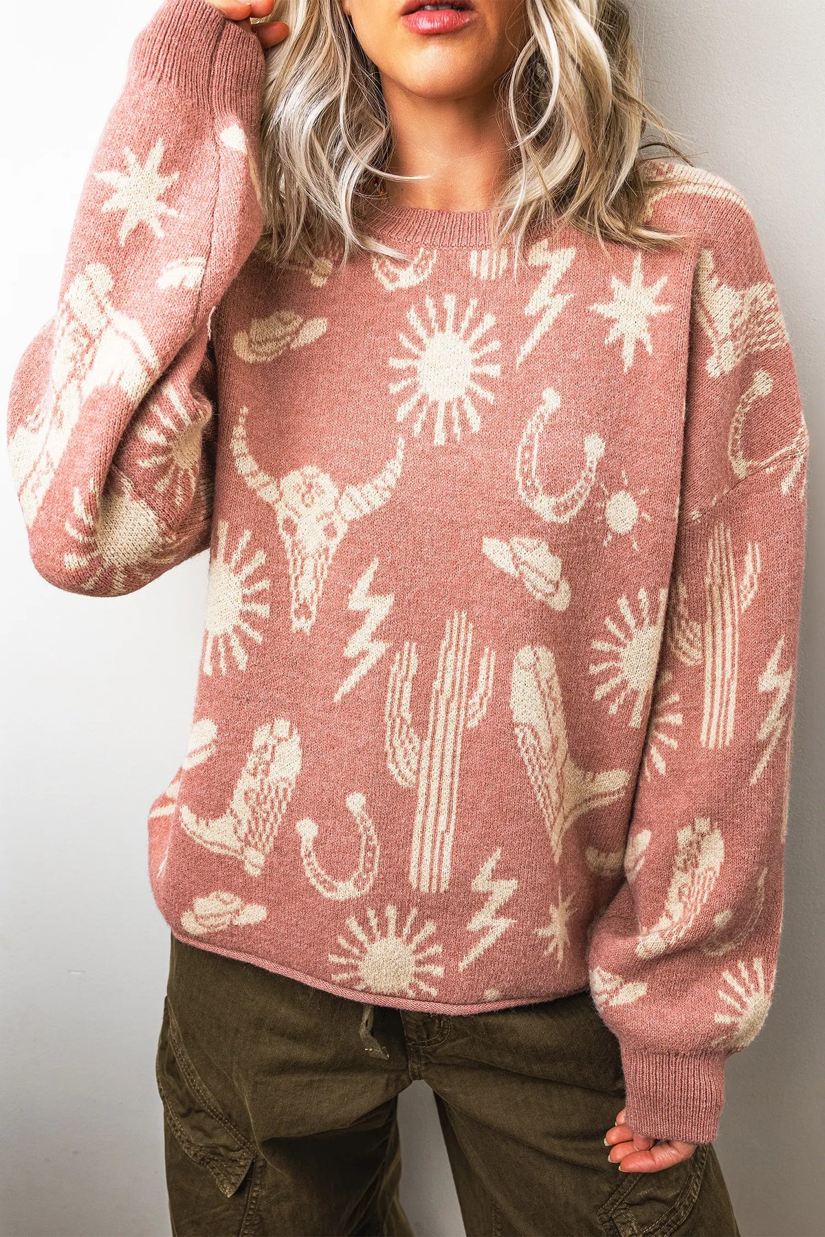 Western Print Drop Shoulder Round Neck Long Sleeve Sweater – Peach Blossom