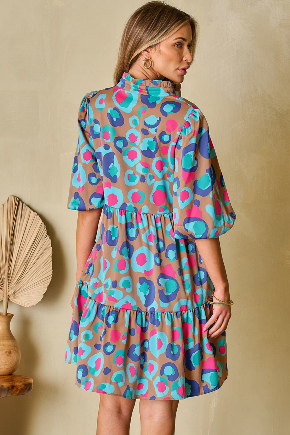 Green Leopard Print Bubble Sleeve Slit Neck Ruffled Dress eAura