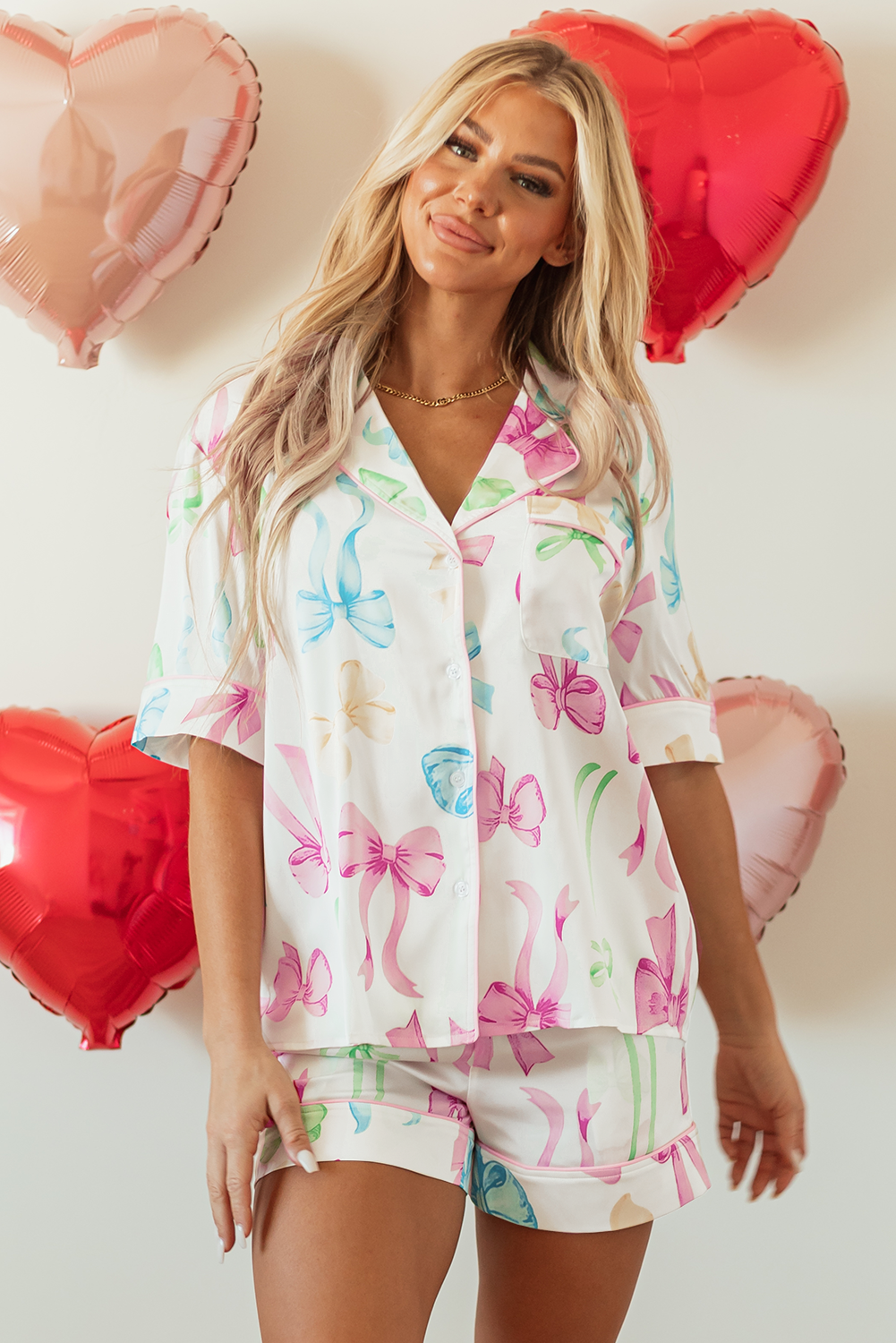 White Bowknot Print Buttoned Shirt High Waist Shorts Pyjama Set eAura