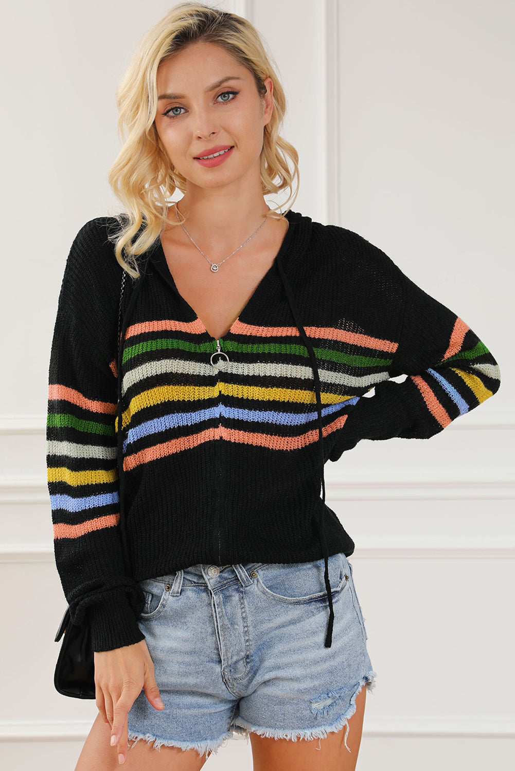 Black Striped Detail Zip Up Hooded Sweater Cardigan eAura