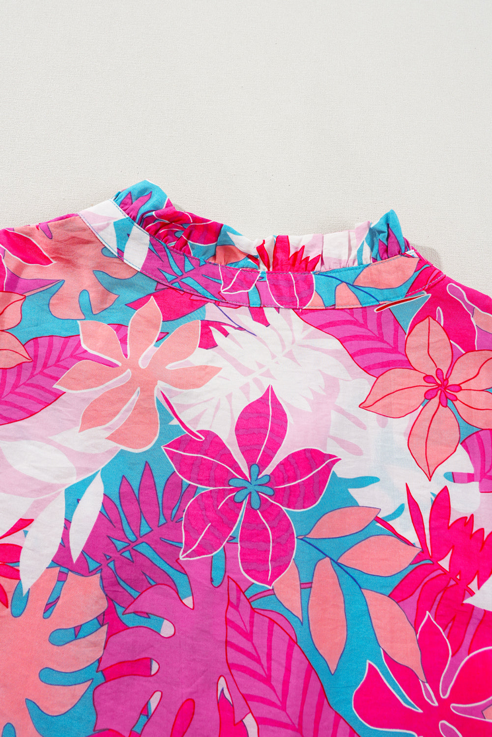 Rose Tropical Plant Printed V Neck Puff Sleeve Blouse eAura