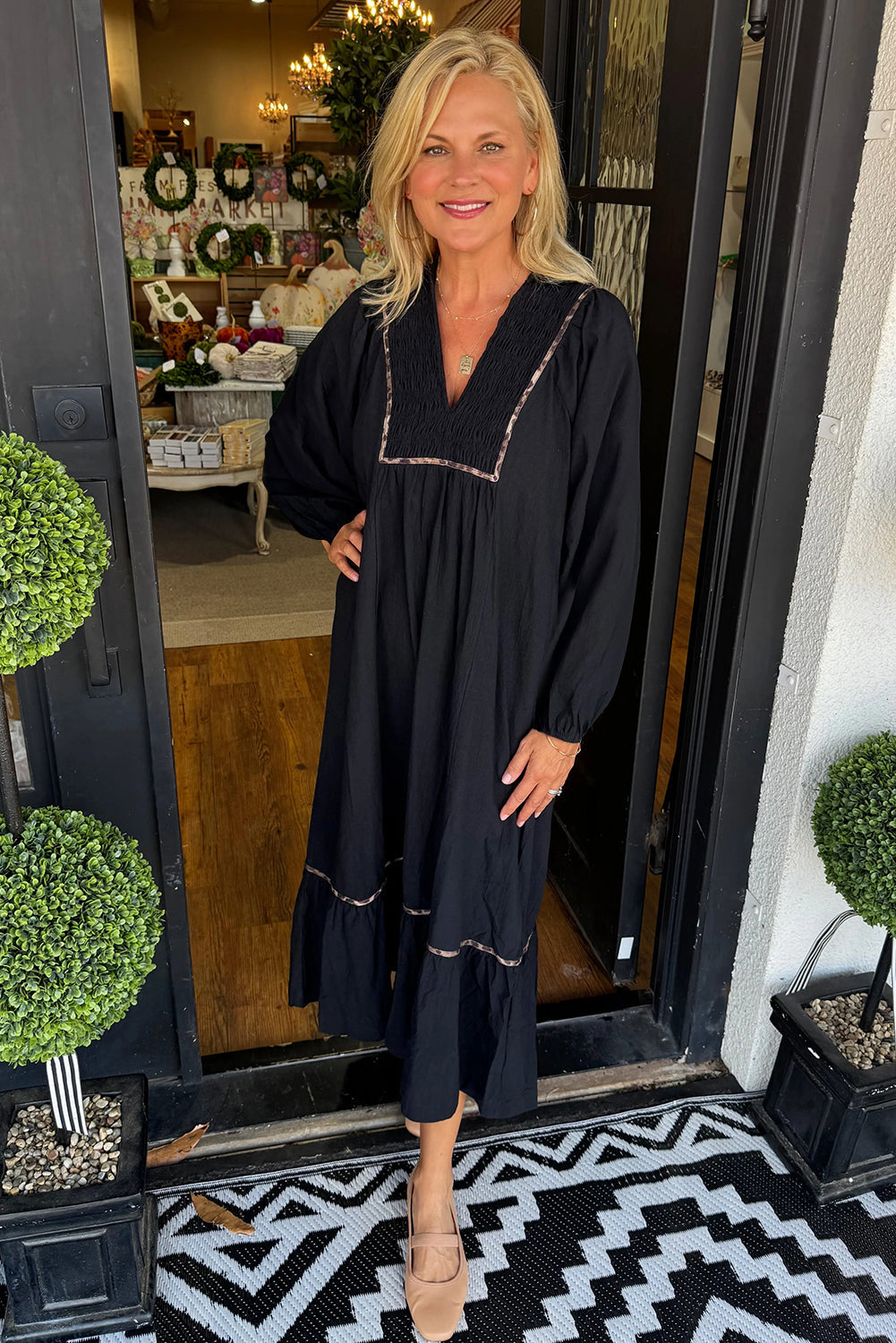 Collared V-Neck Smocked Detail Contrast Leopard Trim Bracelet Sleeve Long Dress - eAura