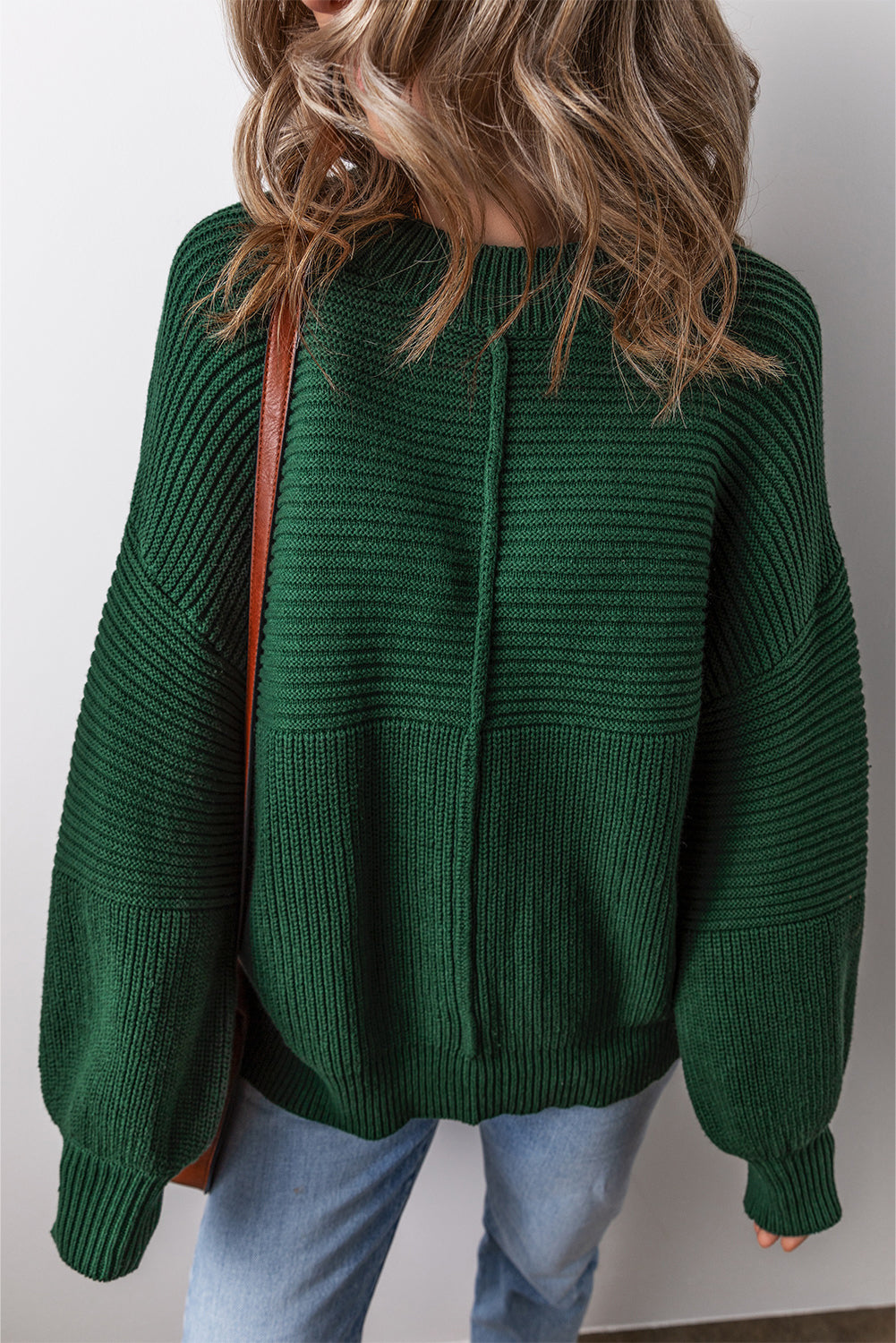 Blackish Green Textured Knit Crewneck Lantern Sleeve Sweater eAura