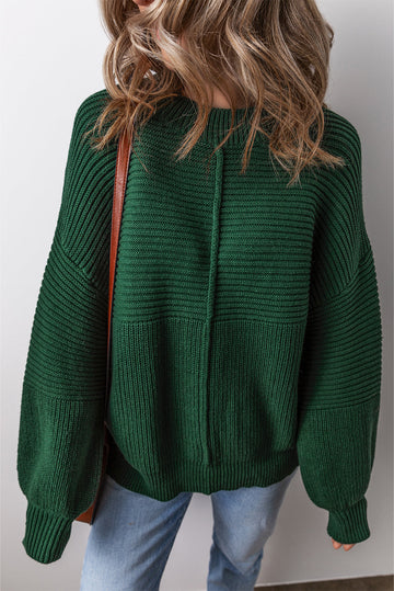 Blackish Green Textured Knit Crewneck Lantern Sleeve Sweater eAura