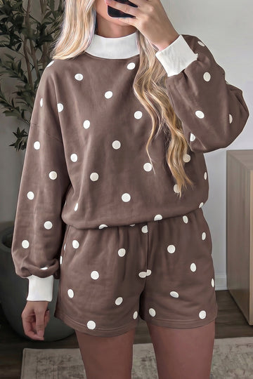 Polka Dot Ribbed Trim Long Sleeve Top Casual Short Set – Brown