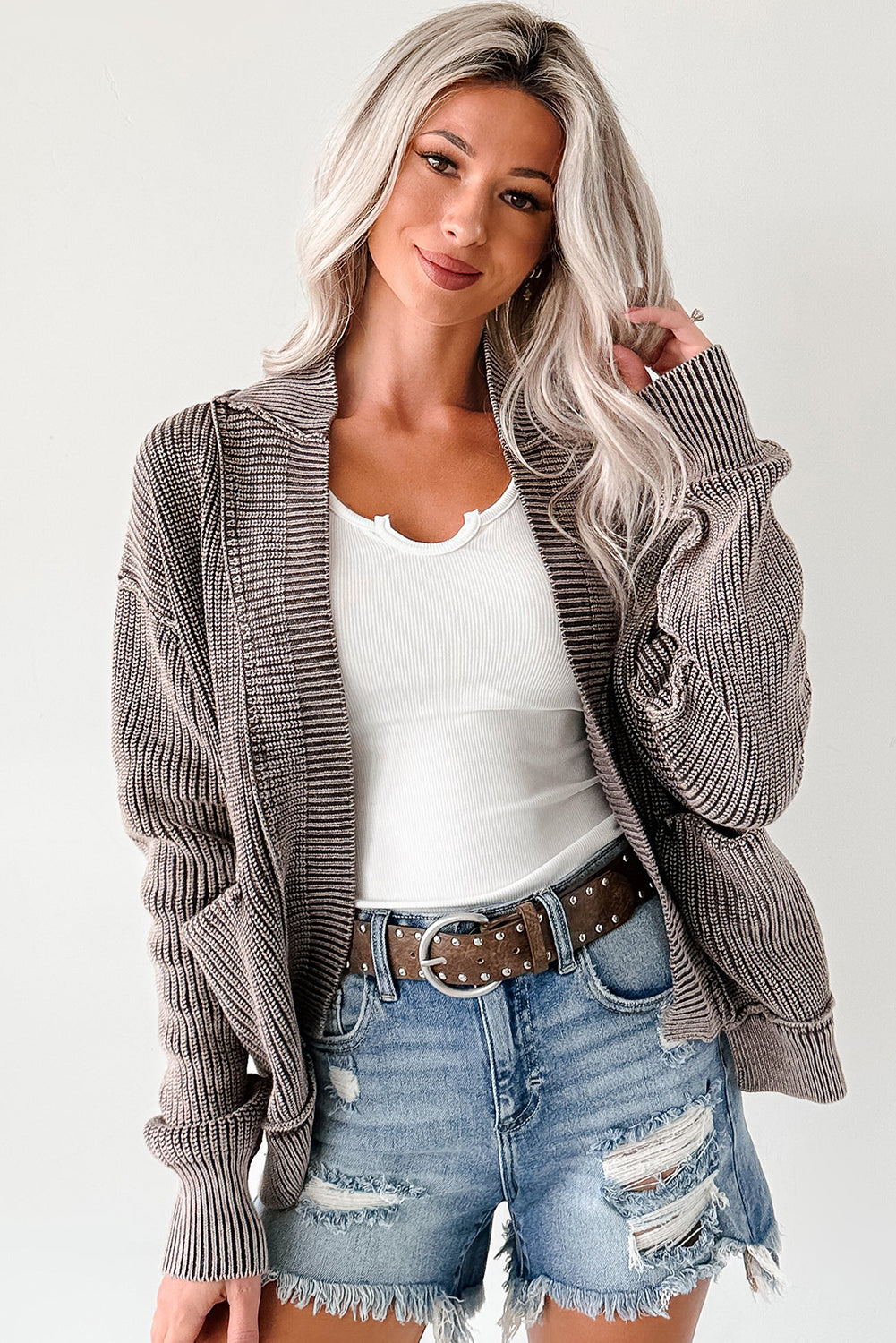 Mineral Wash Exposed Seam Patchwork Knit Open Cardigan