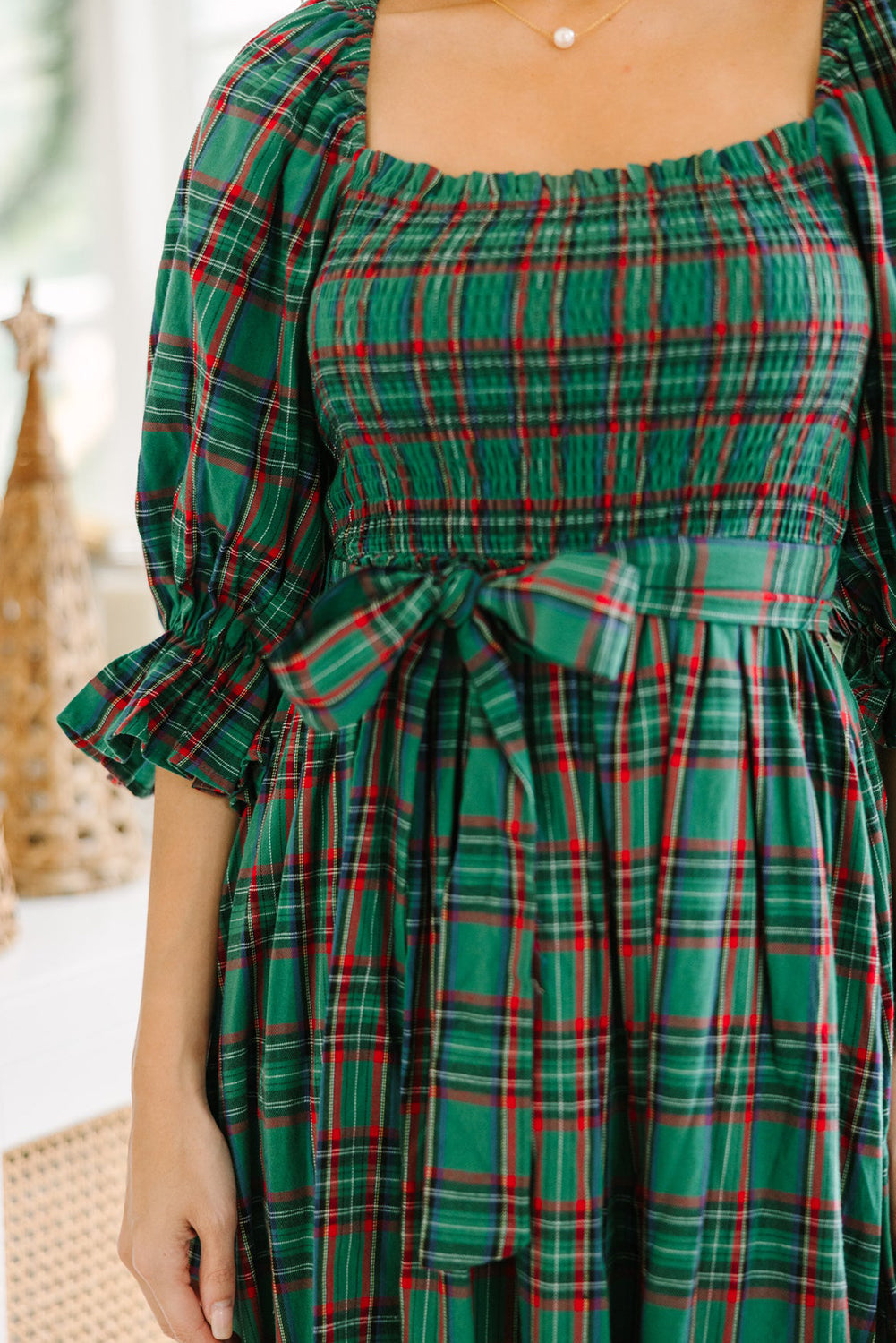 Tartan Plaid Square Neck Puff Sleeve Knot Waist Flared Midi Dress - Green / S - Dresses/Midi Dresses