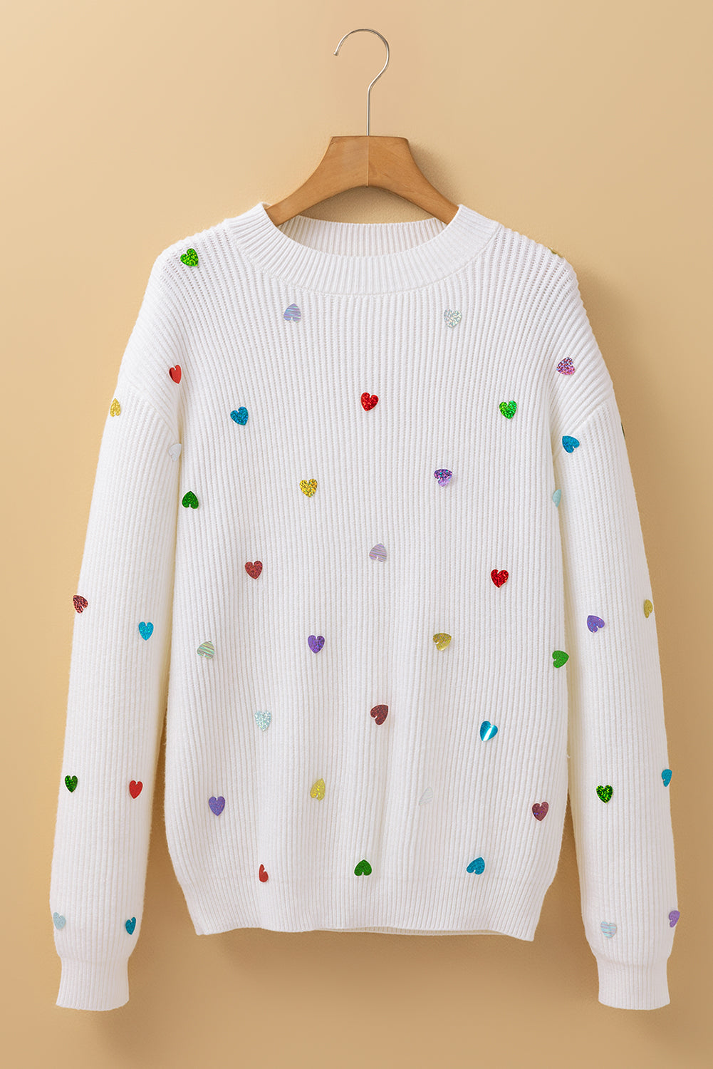 Beige Sequin Heart Shape Waffle Knit Round Neck Sweater eAura