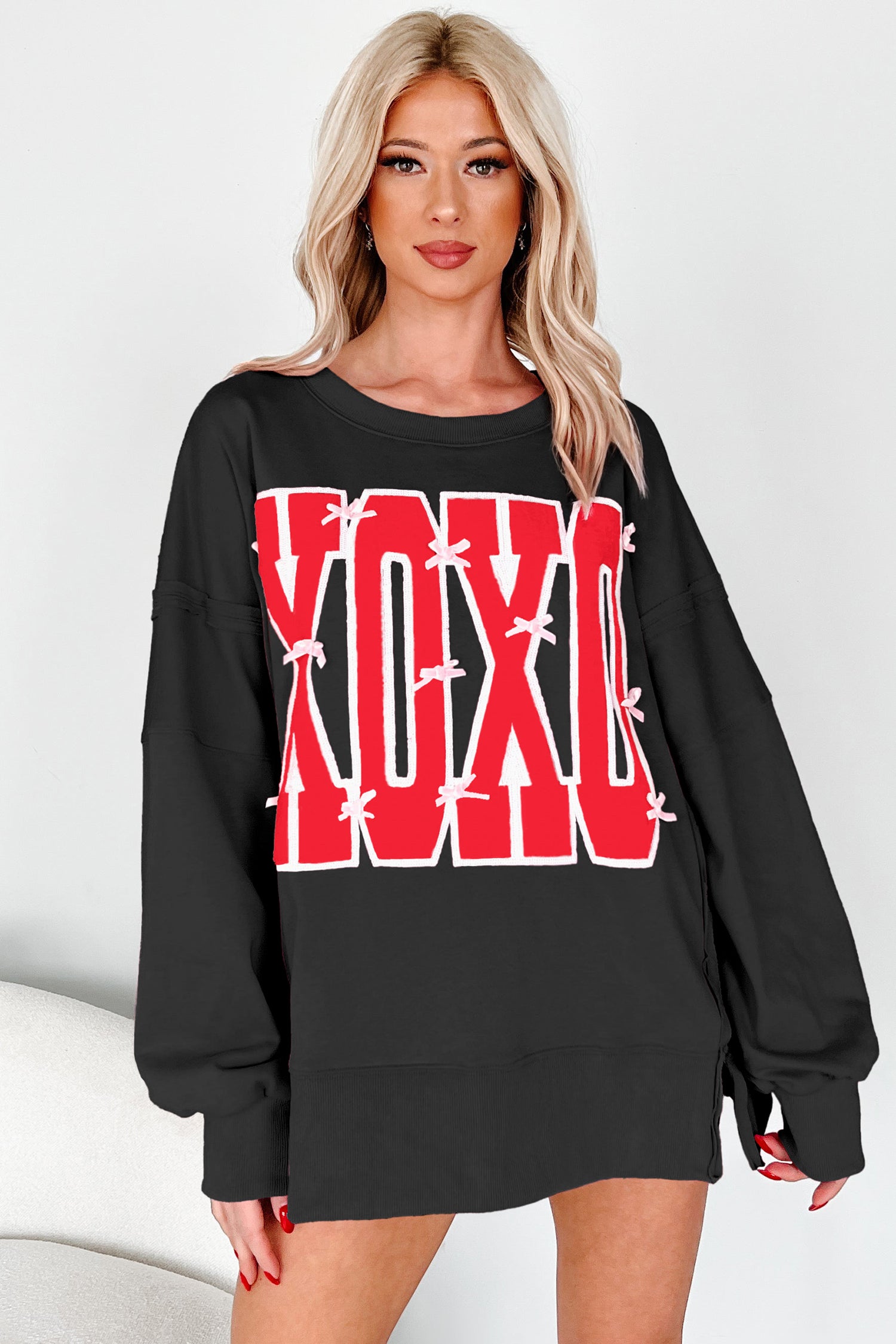 Sequin XOXO Letter Graphic Exposed Seam Oversized Sweatshirt - Tops/Sweatshirts & Hoodies