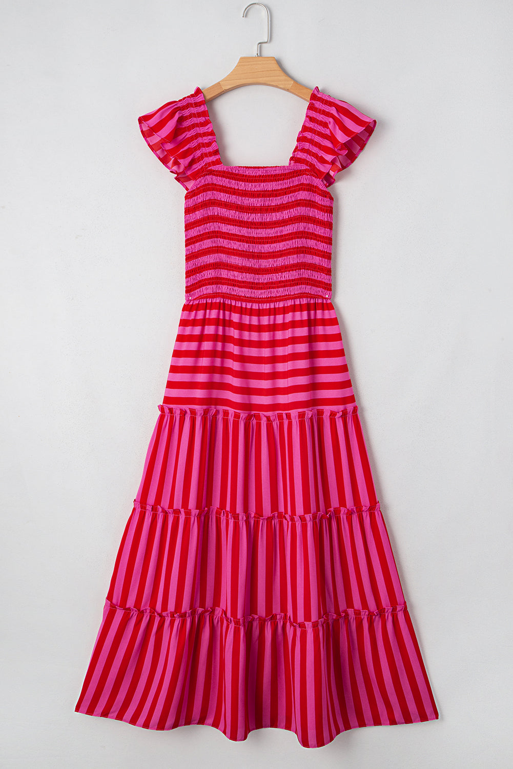 Rose Stripe Flutter Sleeve Smocked Bodice Tiered Maxi Dress eAura