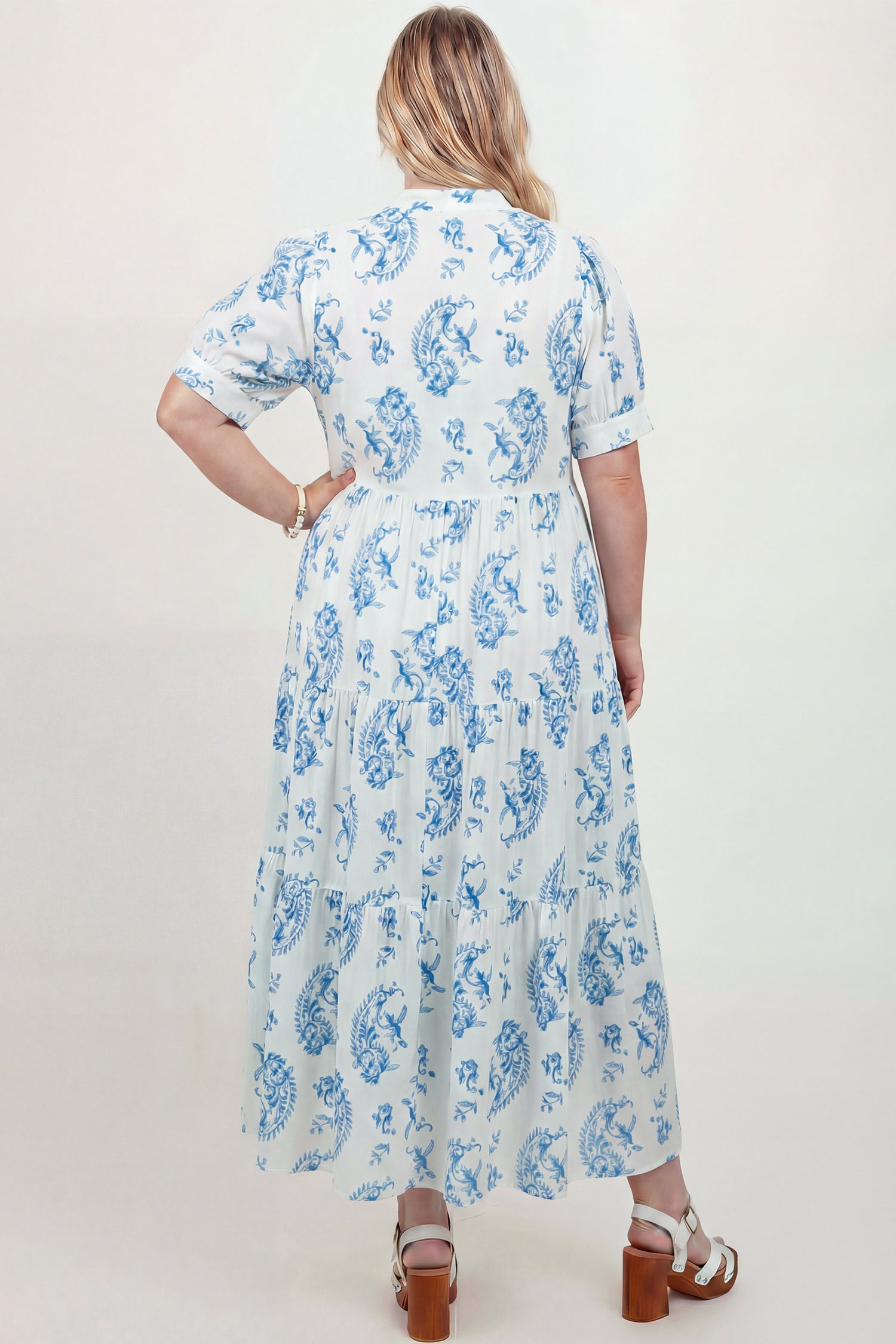Plus Size Geometric Floral Print Button Split Neck Short Sleeve Maxi Dress