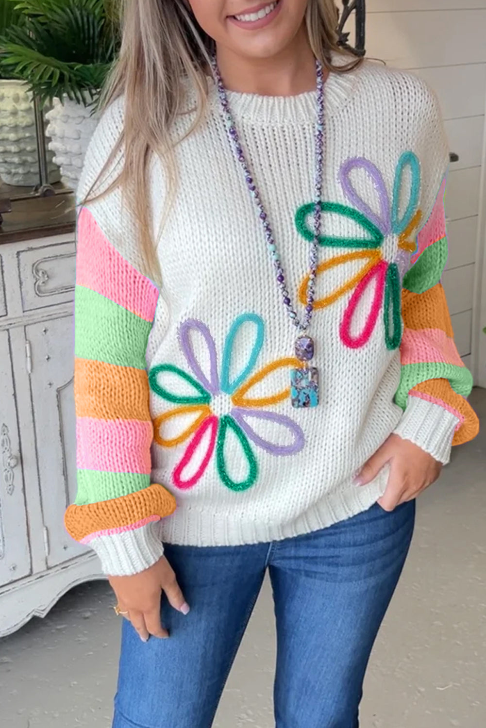 White Flower Graphic Colourblock Sleeve Crew Neck Sweater eAura