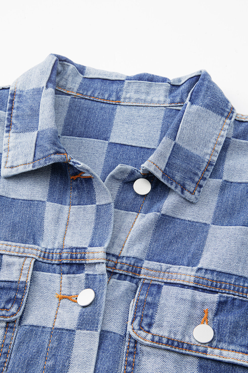 Light Blue Checkered Patchwork Button up Denim Jacket Beagle Boutique Fashion Outlet