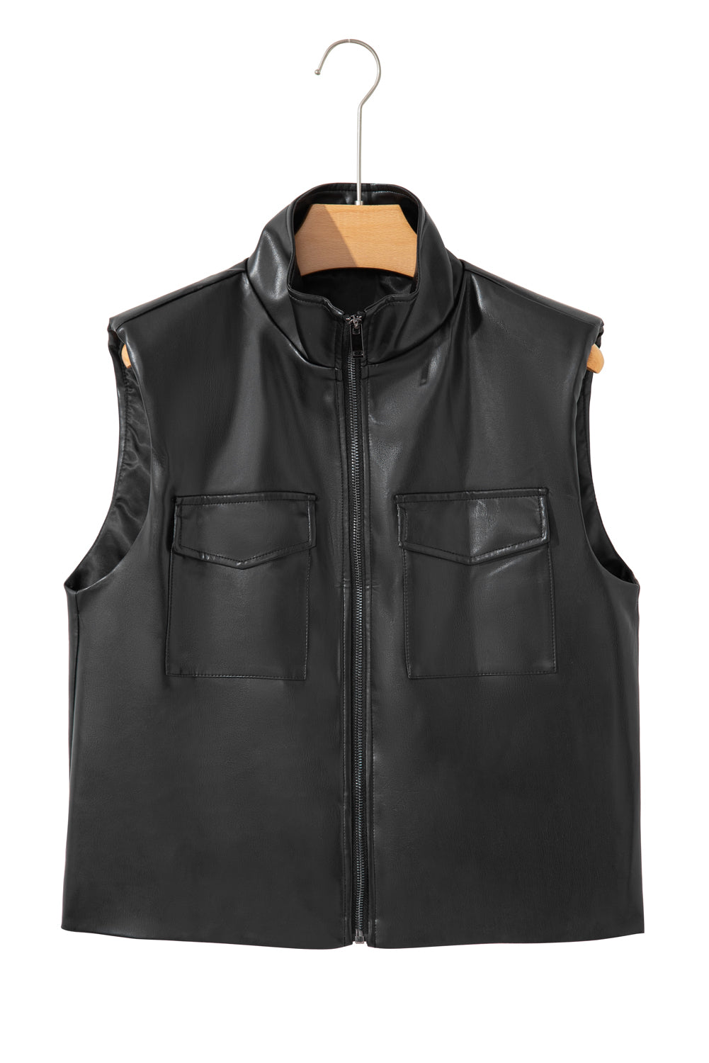 Black Double Flap Pocket Faux Leather Zip Up Stand Neck Vest eAura