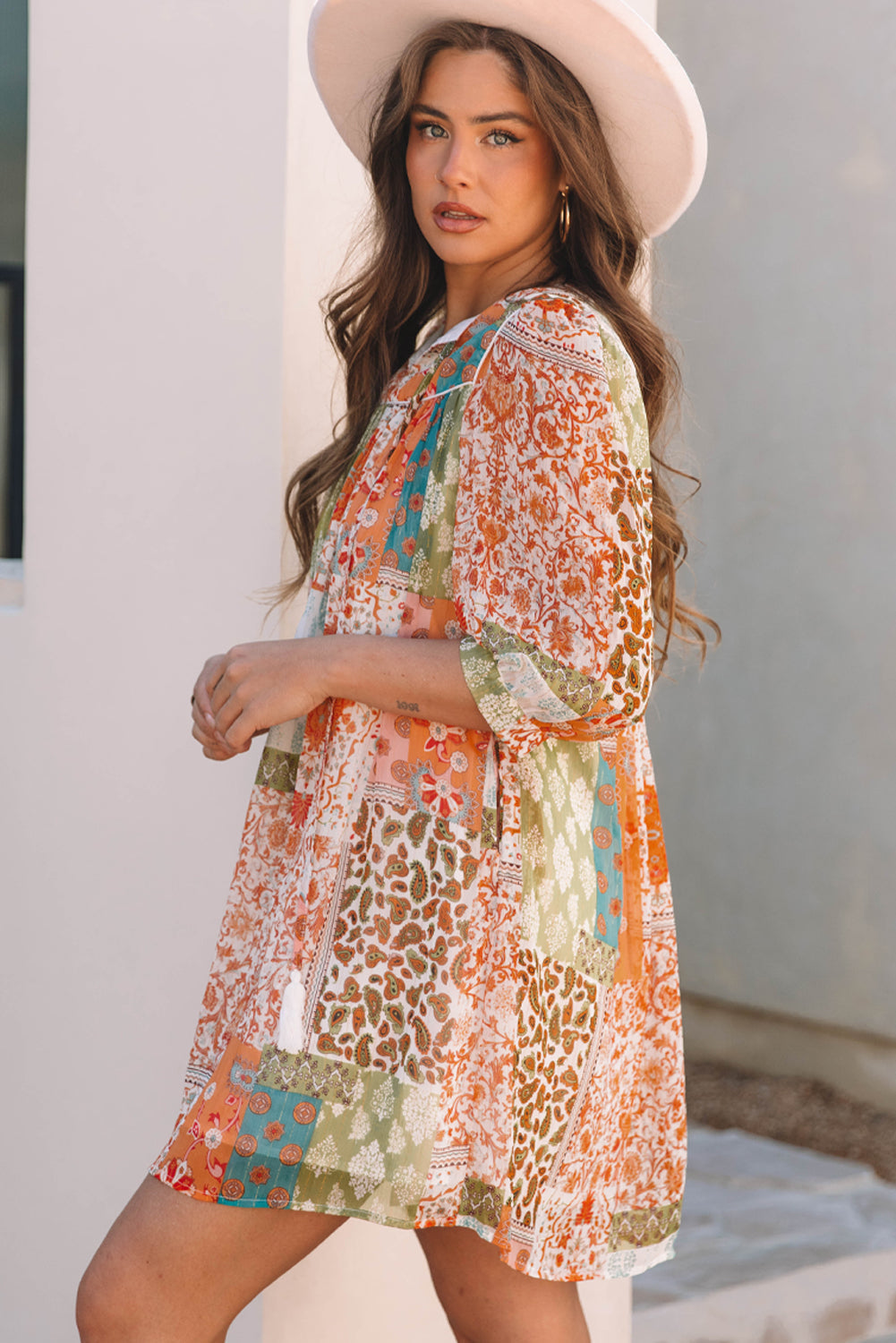 Orange Boho Paisley Mixed Print 3/4 Sleeve Chiffon Loose Dress eAura