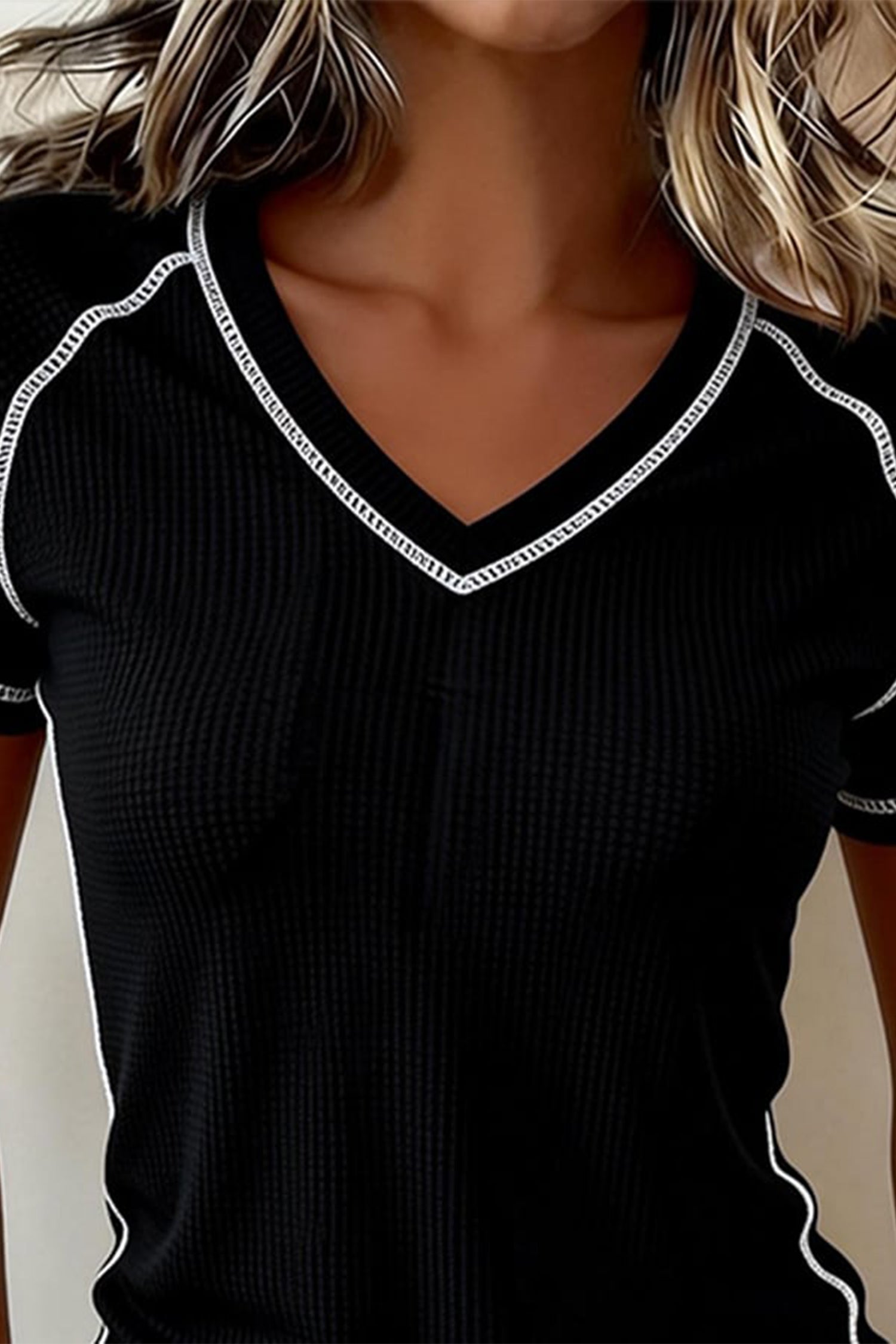 Waffle Textured Contrast Trim V Neck Tee – Black