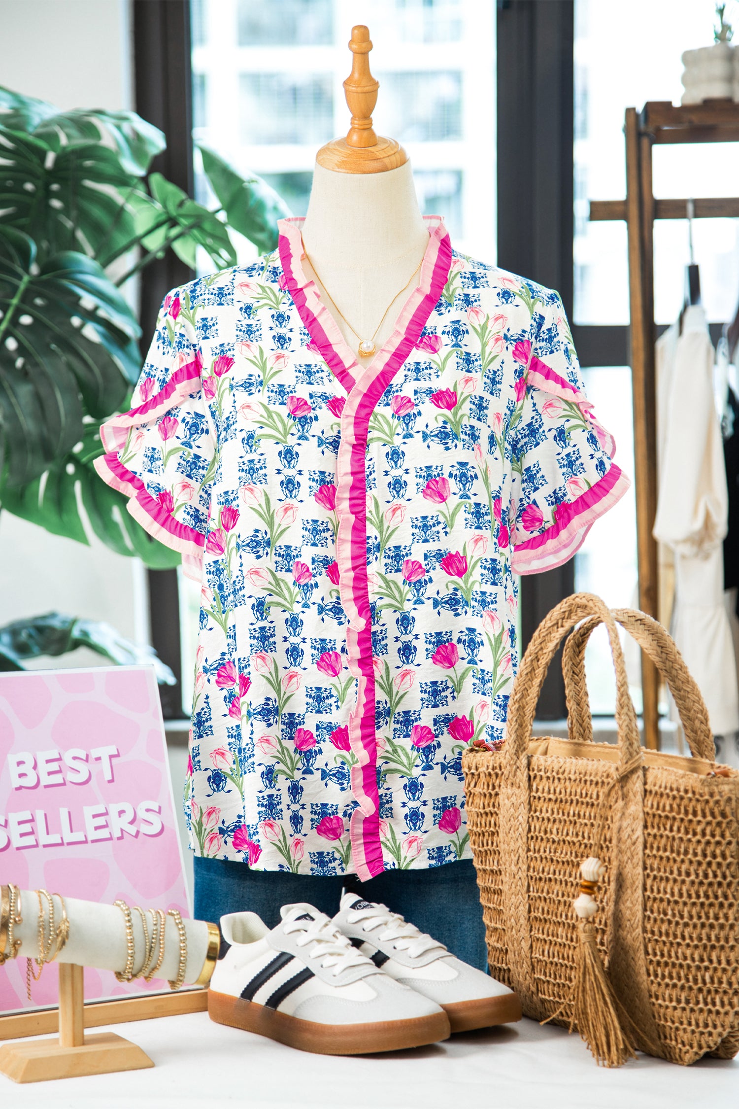 Floral Print Ruffle V-Neck Short Sleeve Loose Tunic Shirt – Rose