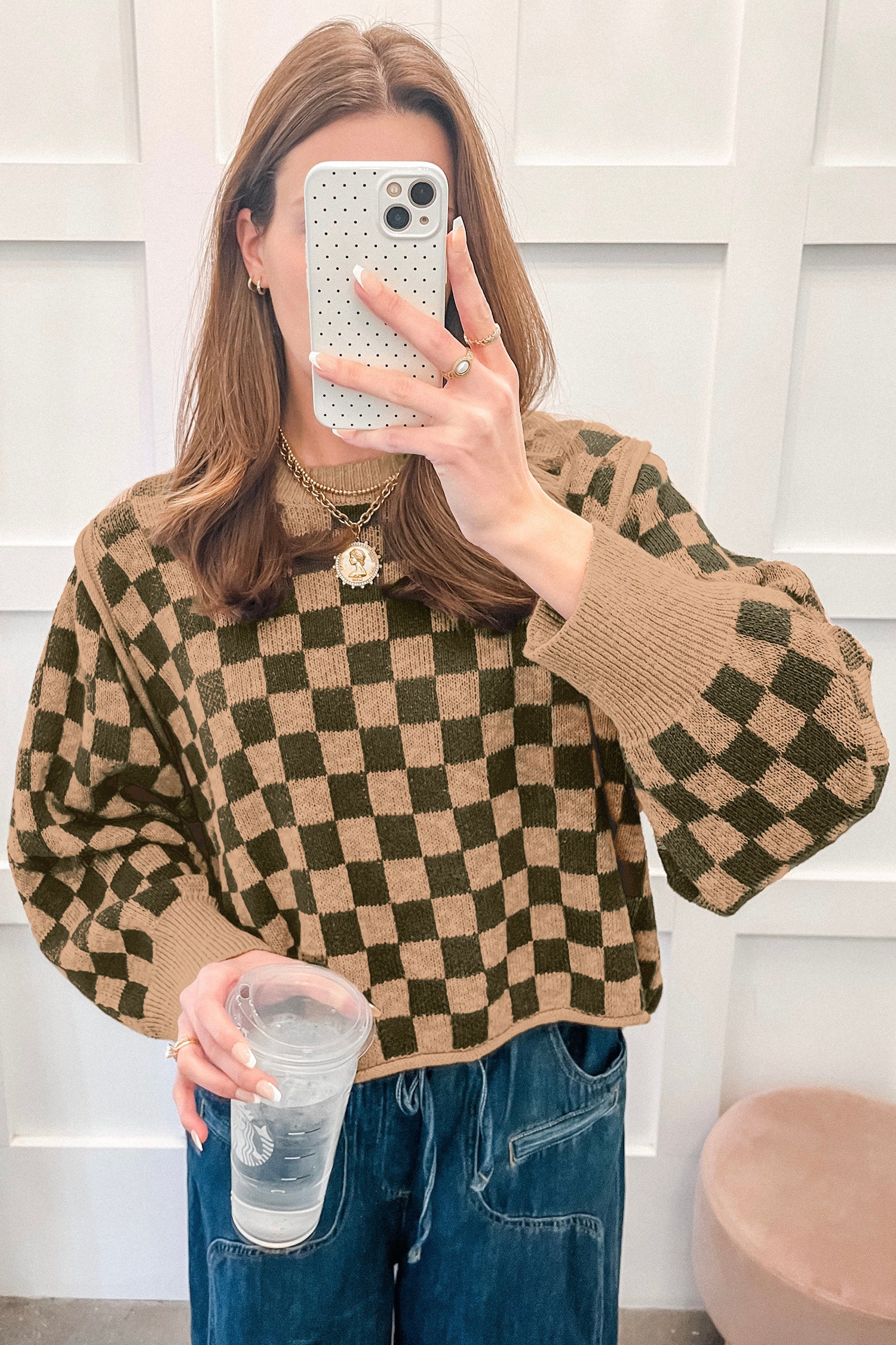 Drop Shoulder Plaid Knit Long Sleeve Sweater – Multicolour