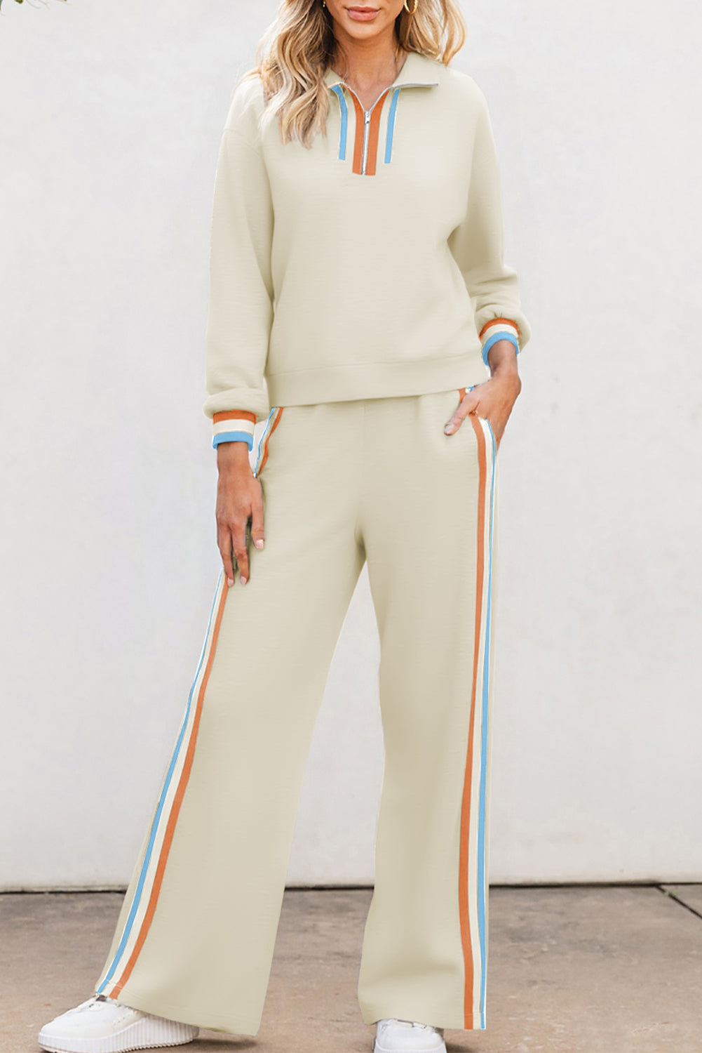 Striped Patchwork Quarter Zip Pullover Loose Trousers Co-ord set - eAura
