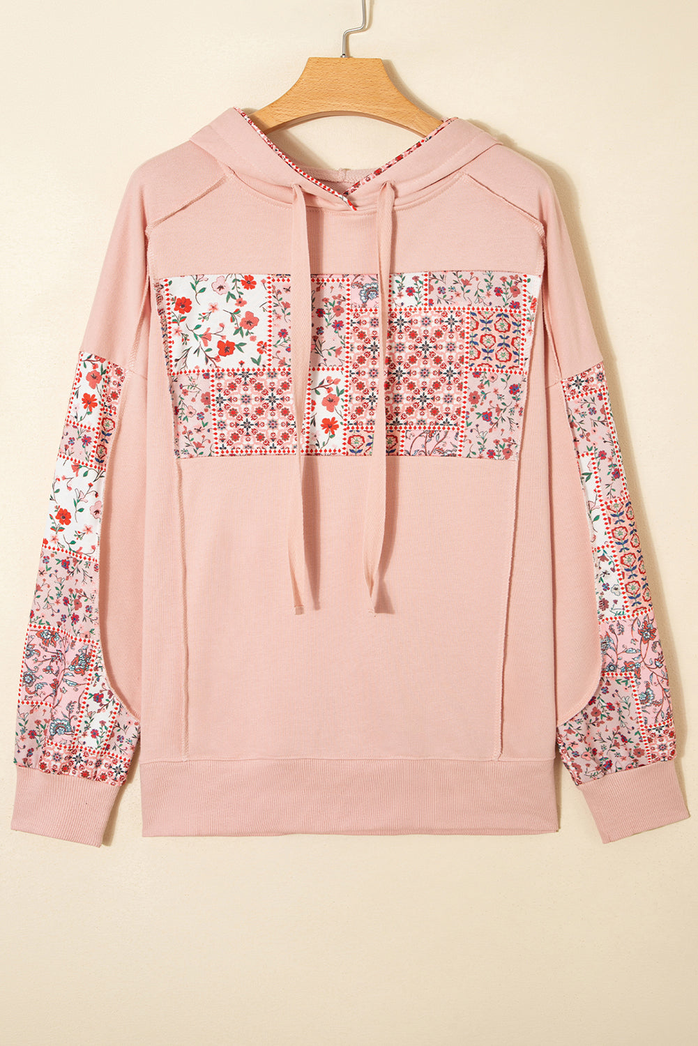 Mix Floral Patchwork Side Slit Drawstring Hoodie eAura