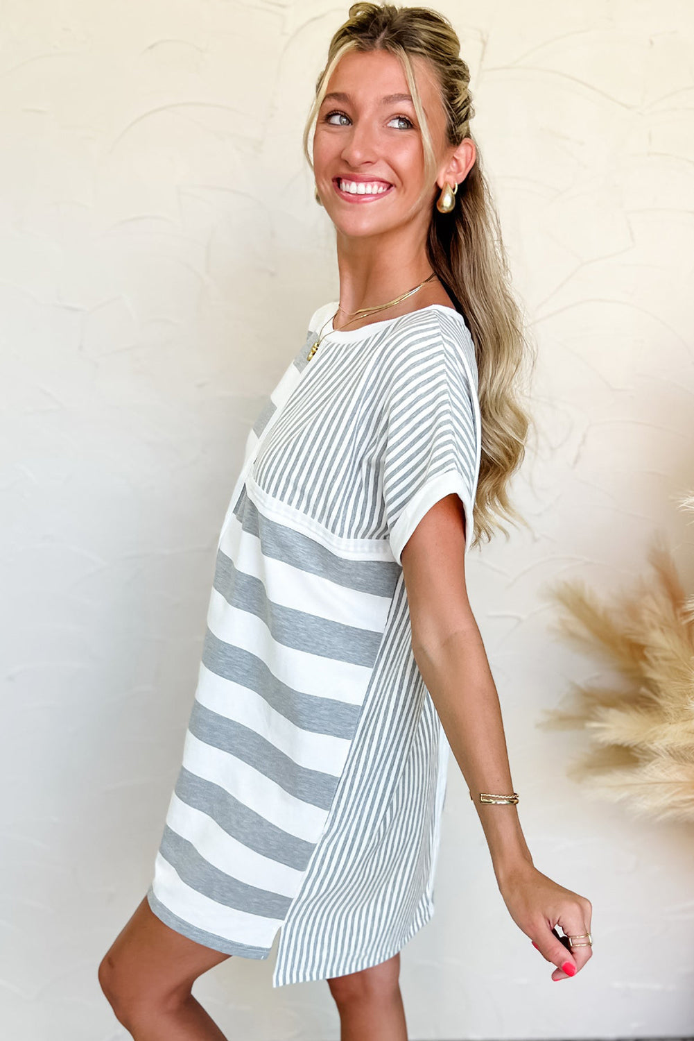 Grey Stripe Mixed Printed Short Sleeve Shift Mini T Shirt Dress eAura