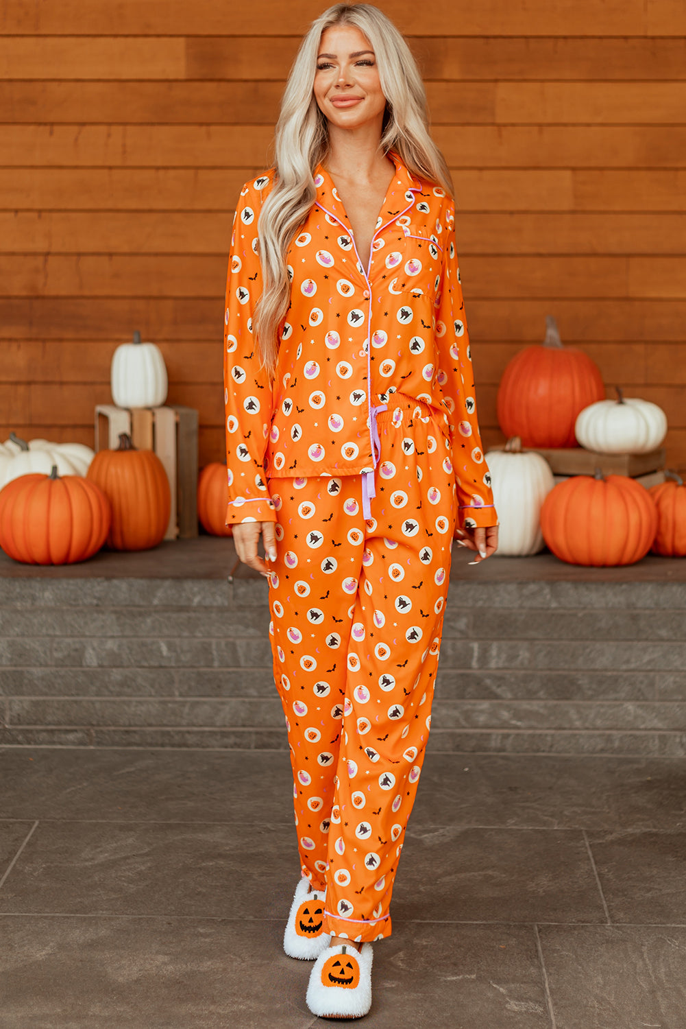 Orange Halloween Print Lapel Shirt Long 2pcs Pyjama Set - eAura