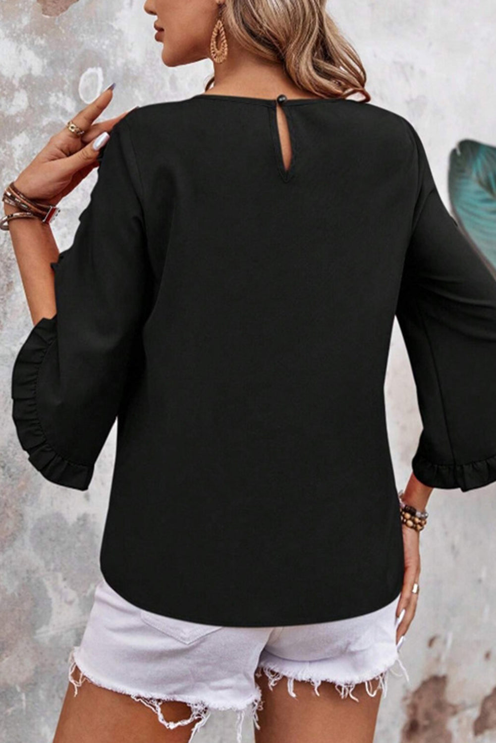 Ruffle Trimmed 3/4 Sleeve Round Neck Blouse eAura