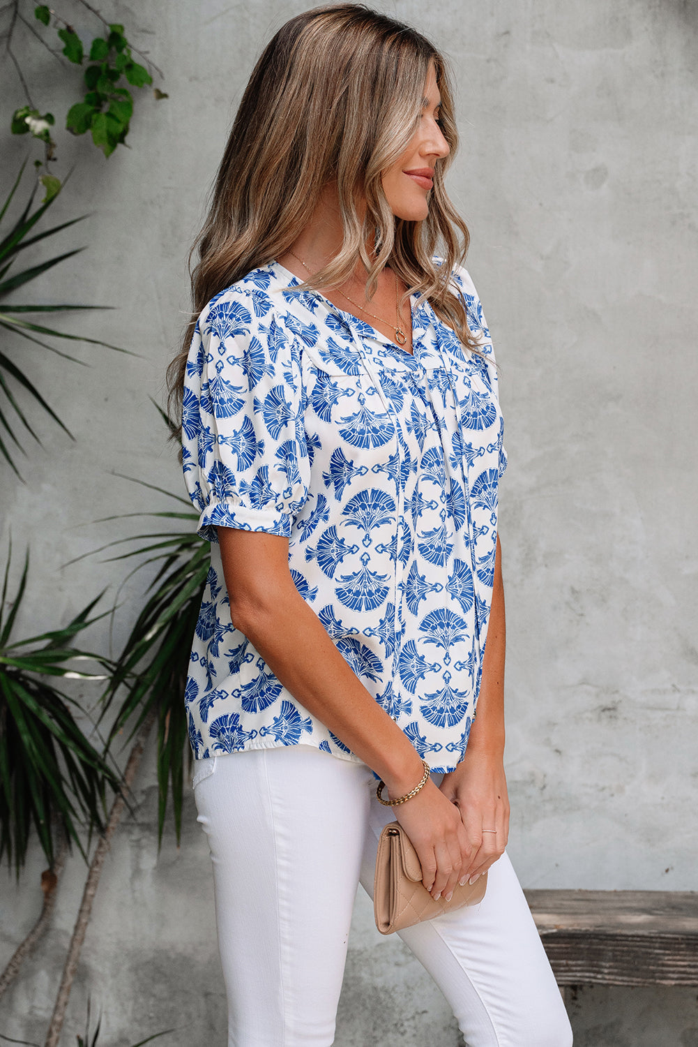Blue Geometric Print Tassel Drawstring V-Neck Blouse eAura