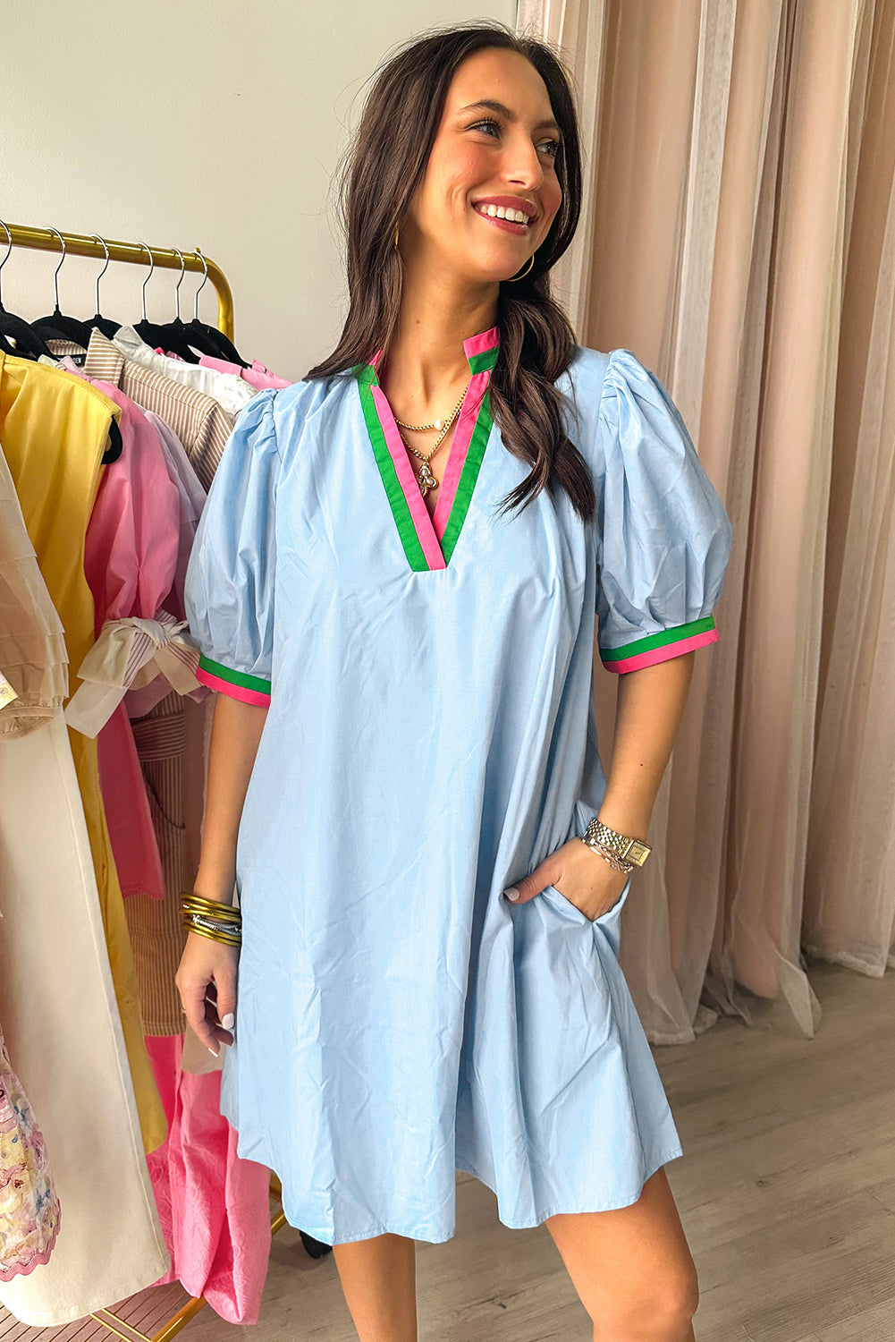Myosotis Contrast Striped Notched V-Neck Puff Sleeve Mini Dress eAura