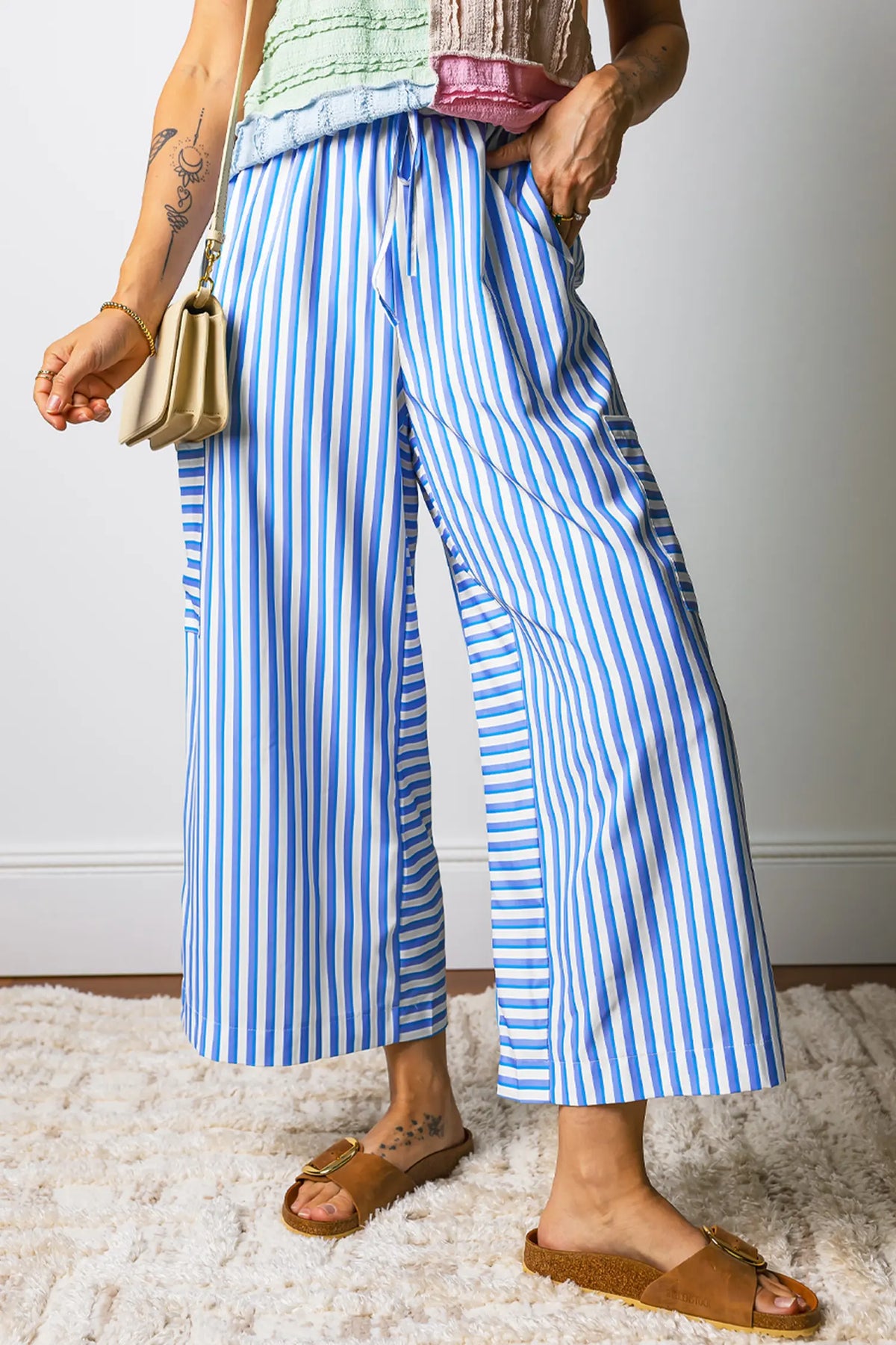 Drawstring Elastic Waist Patch Pocket Wide Leg Ankle-length Pants – Sky Blue Stripe