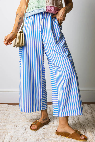 Drawstring Elastic Waist Patch Pocket Wide Leg Ankle-length Pants – Sky Blue Stripe