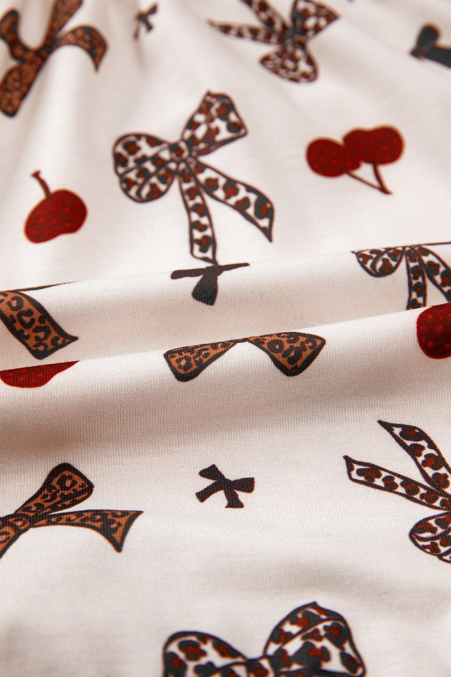 Chic Bow Cherry Print Leopard Contrast Shirt and Drawstring Pyjams
