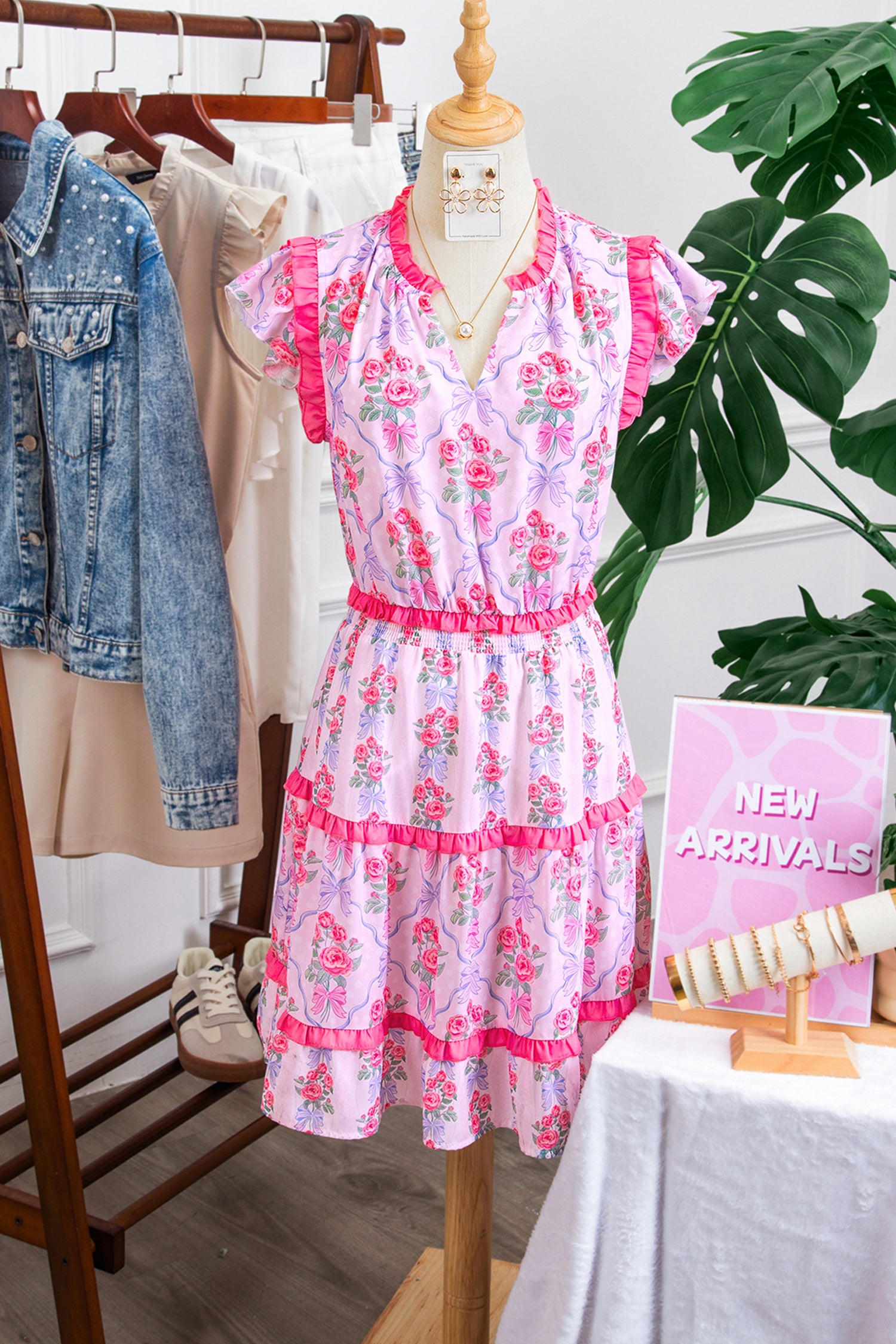 Tiered Ruffle Floral Print Shirred Waist Sleeveless Mini Dress
