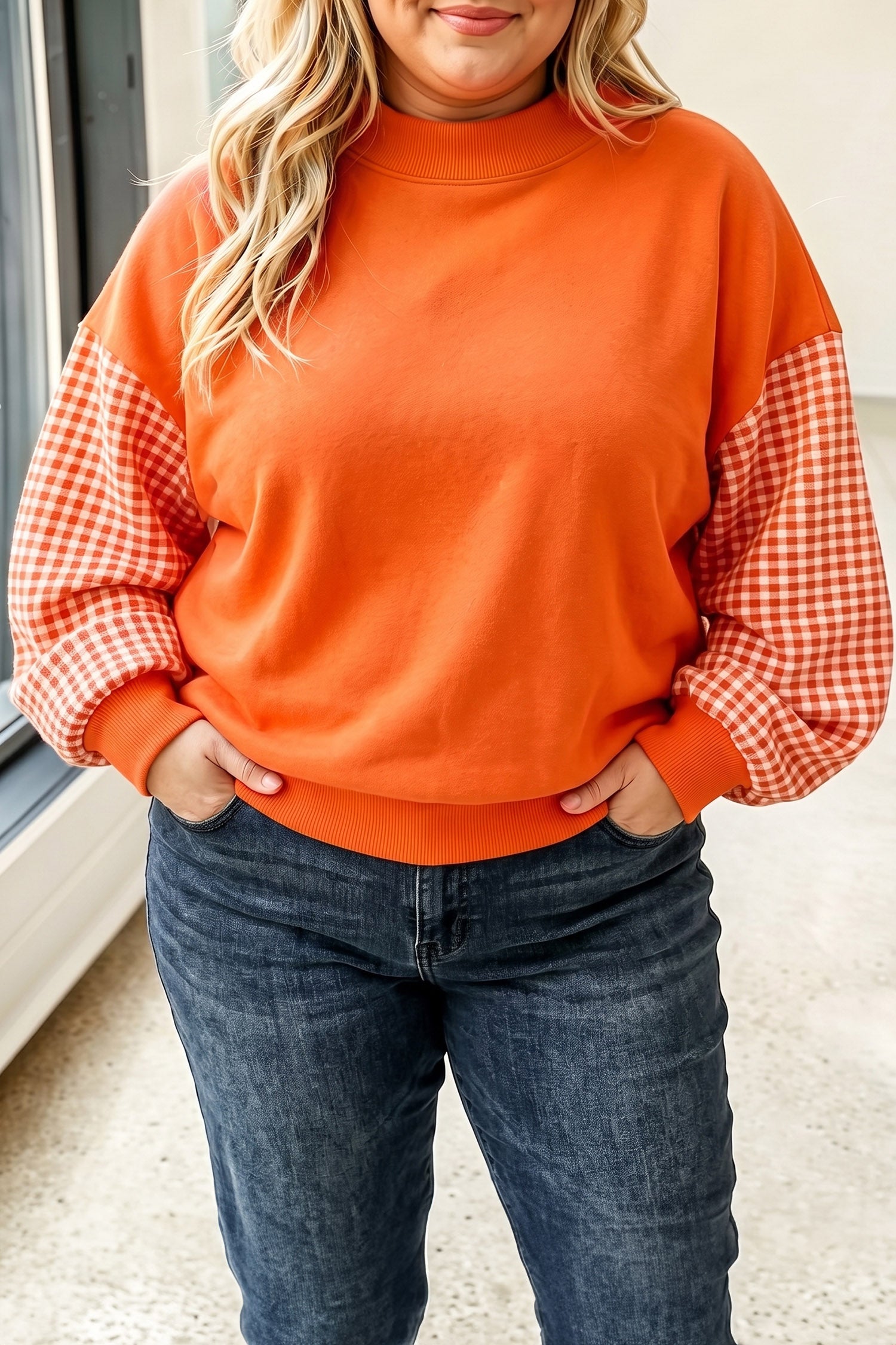 Patchwork Plaid Loose Fit Long Sleeve Plus Size Sweatshirt – Fiery Red