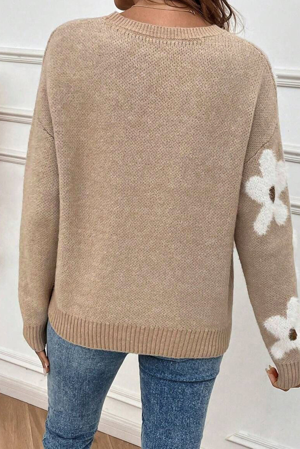 Parchment Flower Pattern Ribbed Trim Crew Neck Sweater eAura