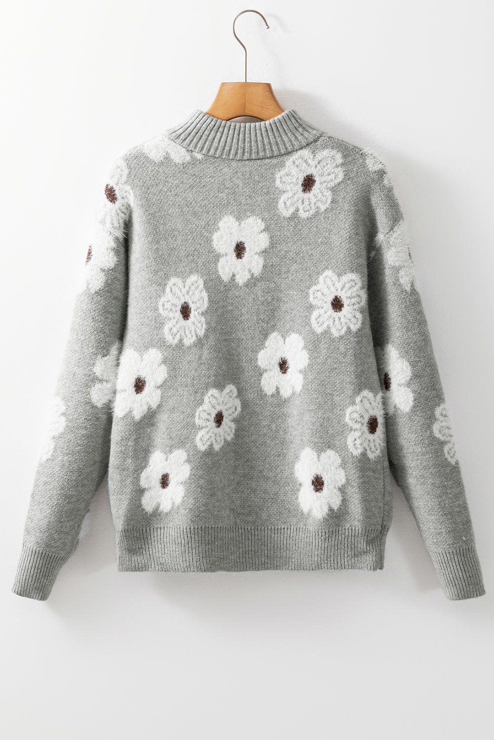 Grey Floral Pattern Half Zip Drop Shoulder Sweater eAura