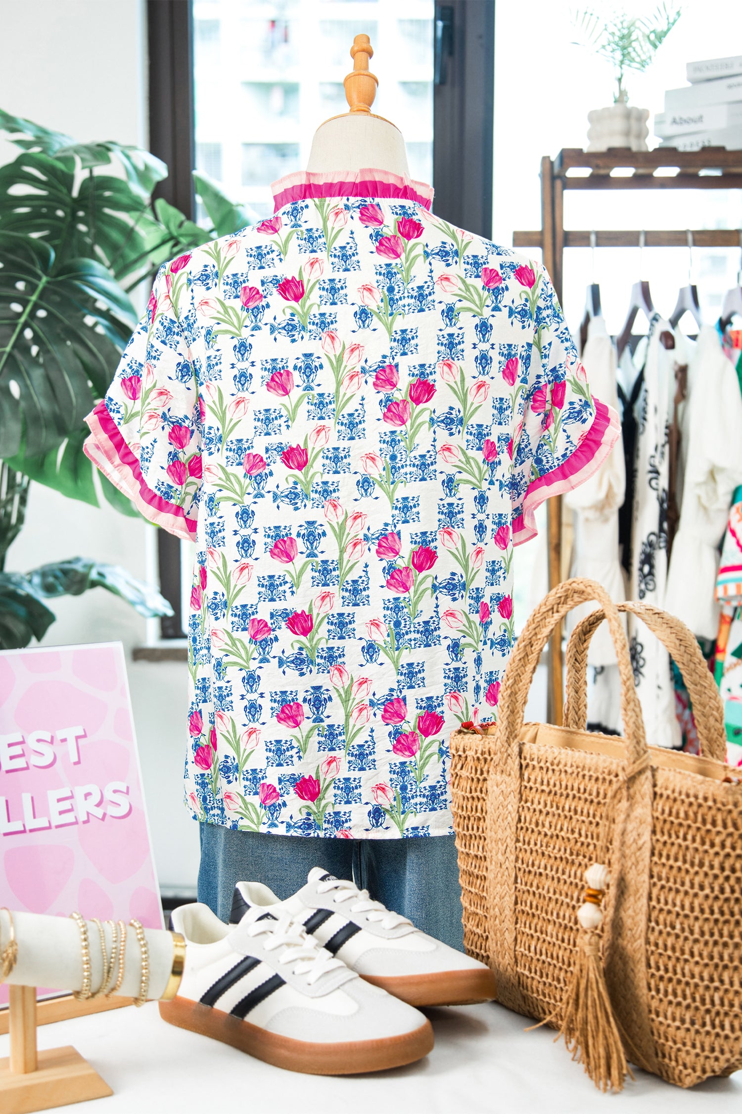 Floral Print Ruffle V-Neck Short Sleeve Loose Tunic Shirt – Rose
