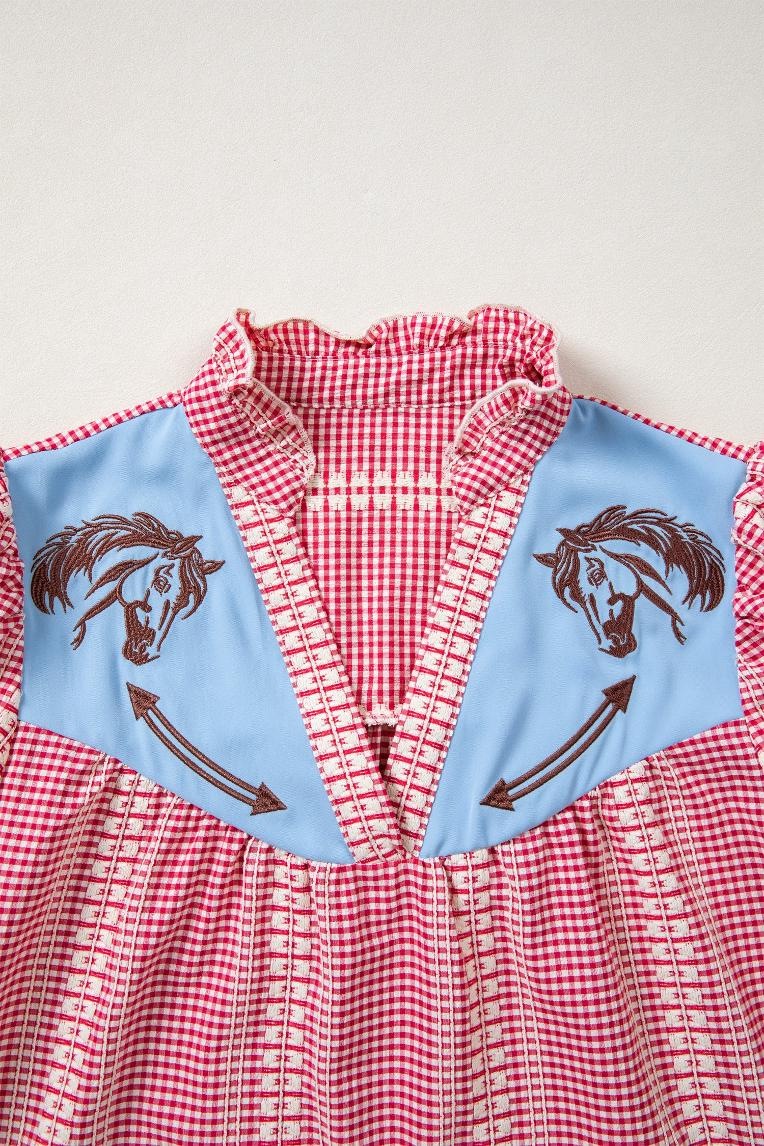 Western Pony Embroidered Yoke Puff Sleeve Gingham Blouse