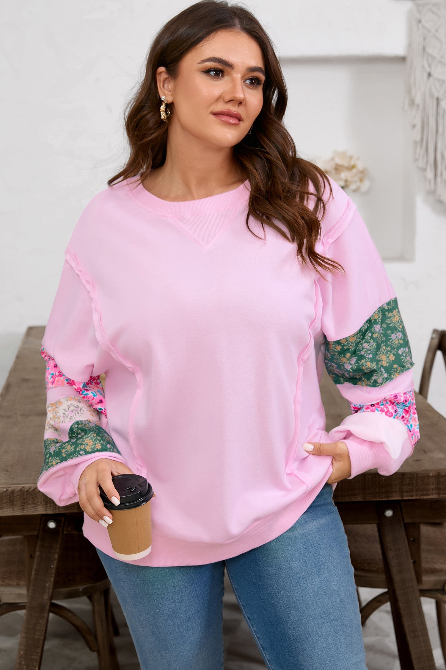 Pink Plus Size Mix Floral Patched Sleeve Ribbed Trim Oversized Sweatshirt - eAura