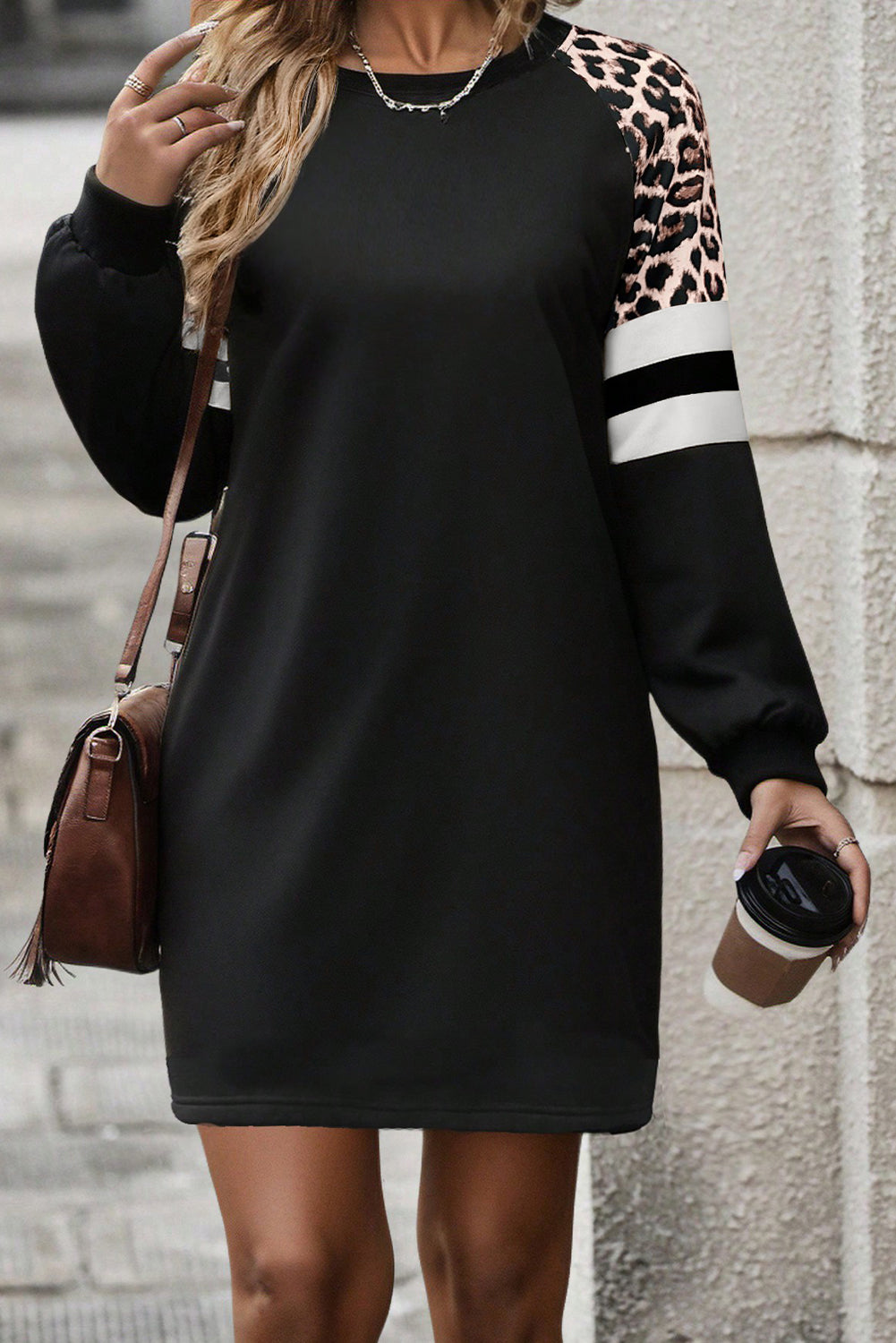 Leopard Print Patchwork Varsity Raglan Sleeve Sweatshirt Dress - eAura