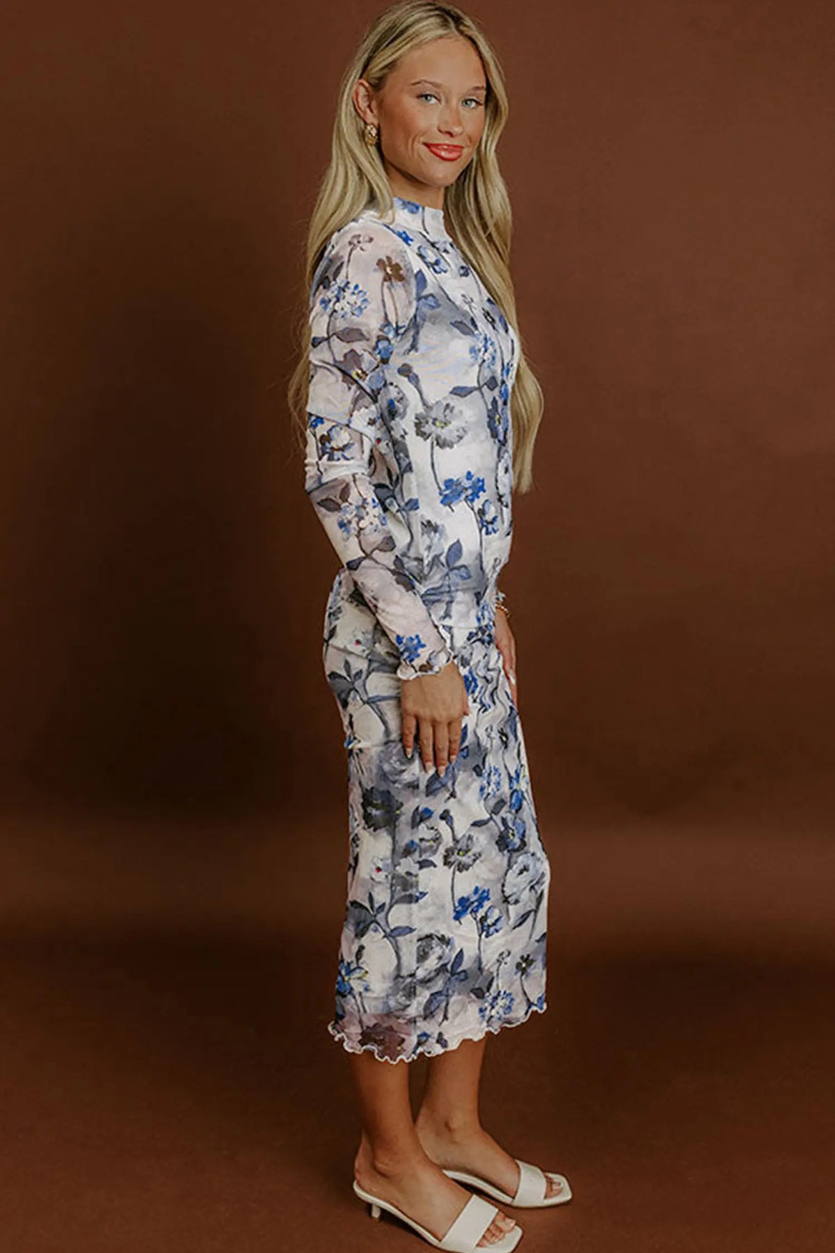 Sky Blue Floral Print Sheath Elegant Long Sleeve Dress – Light Blue