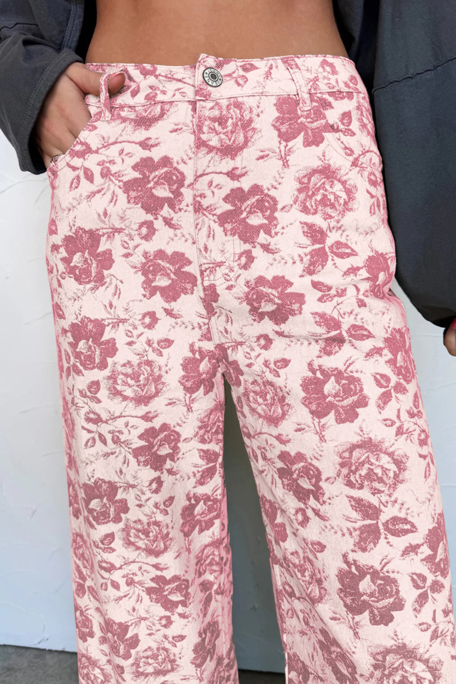 Pink Vintage Floral Print Denim Shift Jeans