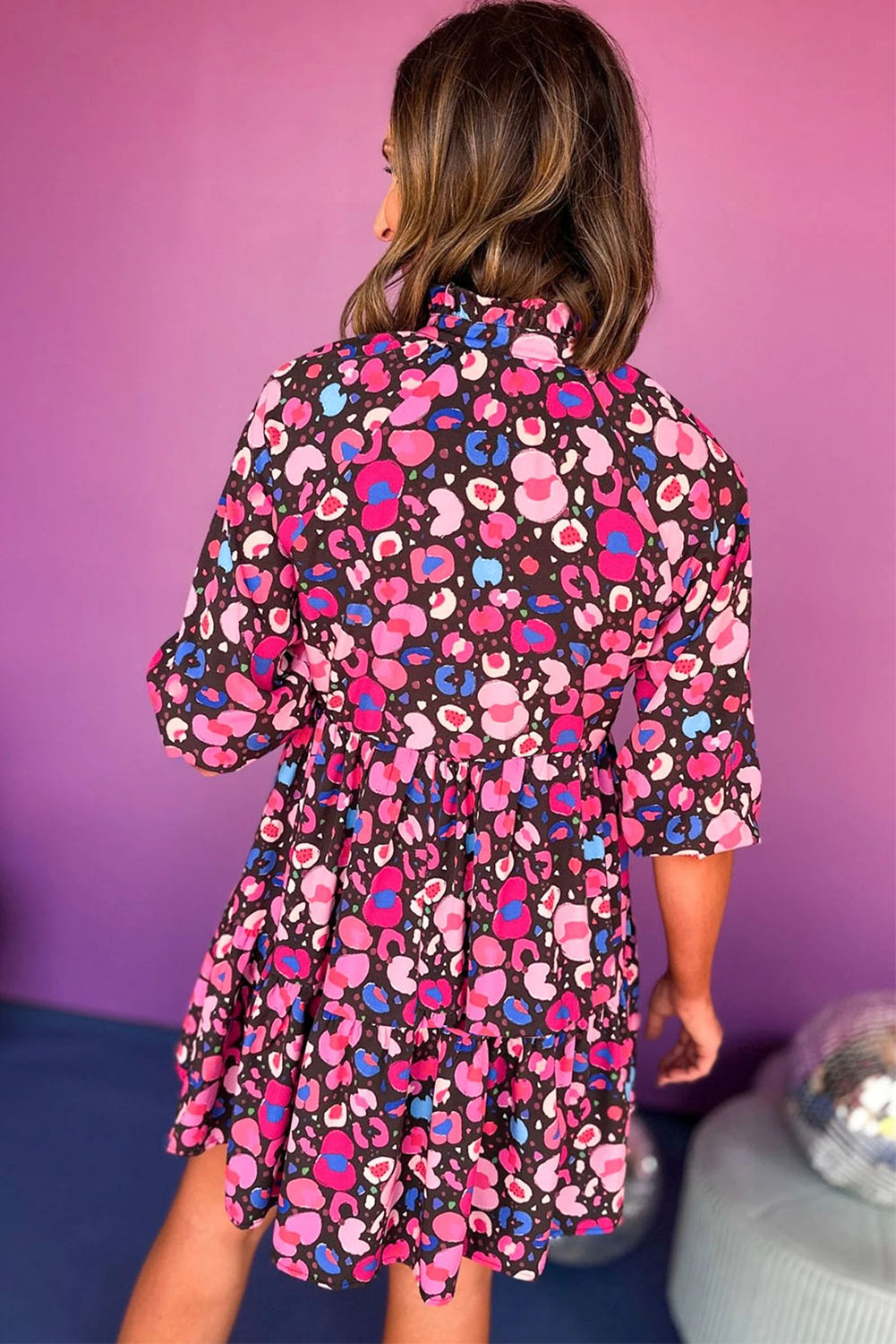 Rose Abstract Print V Neck Collared Half Sleeve Short Dress eAura