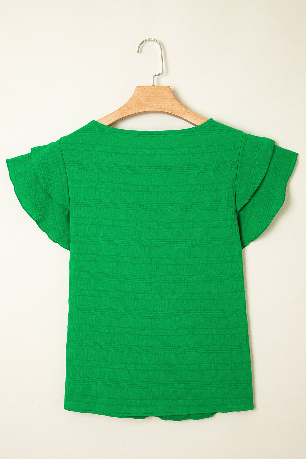 Dark Green Textured Ruffled Sleeve Round Neck Top eAura