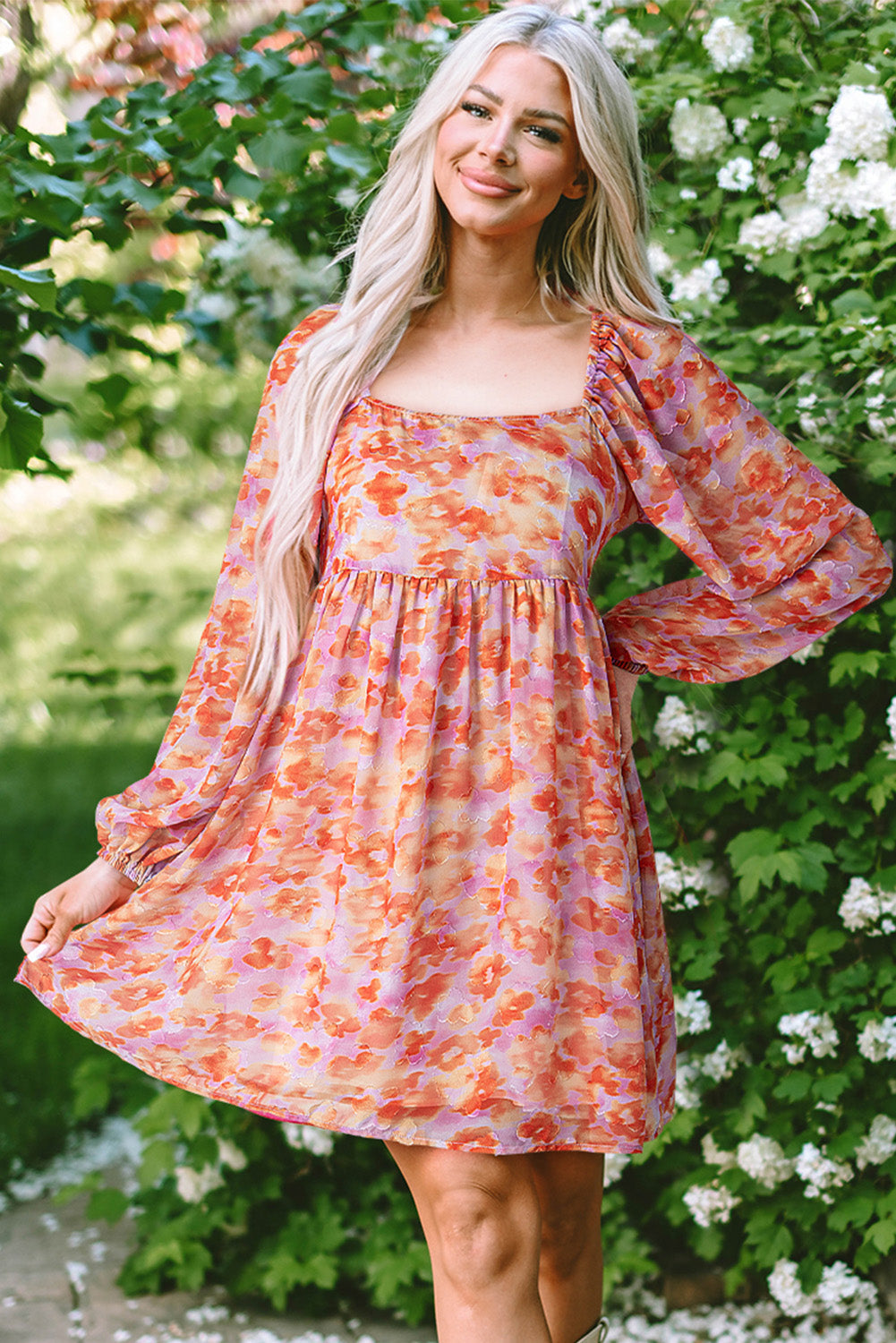 Rose Floral Print Square Neck High Waist Mini Dress eAura